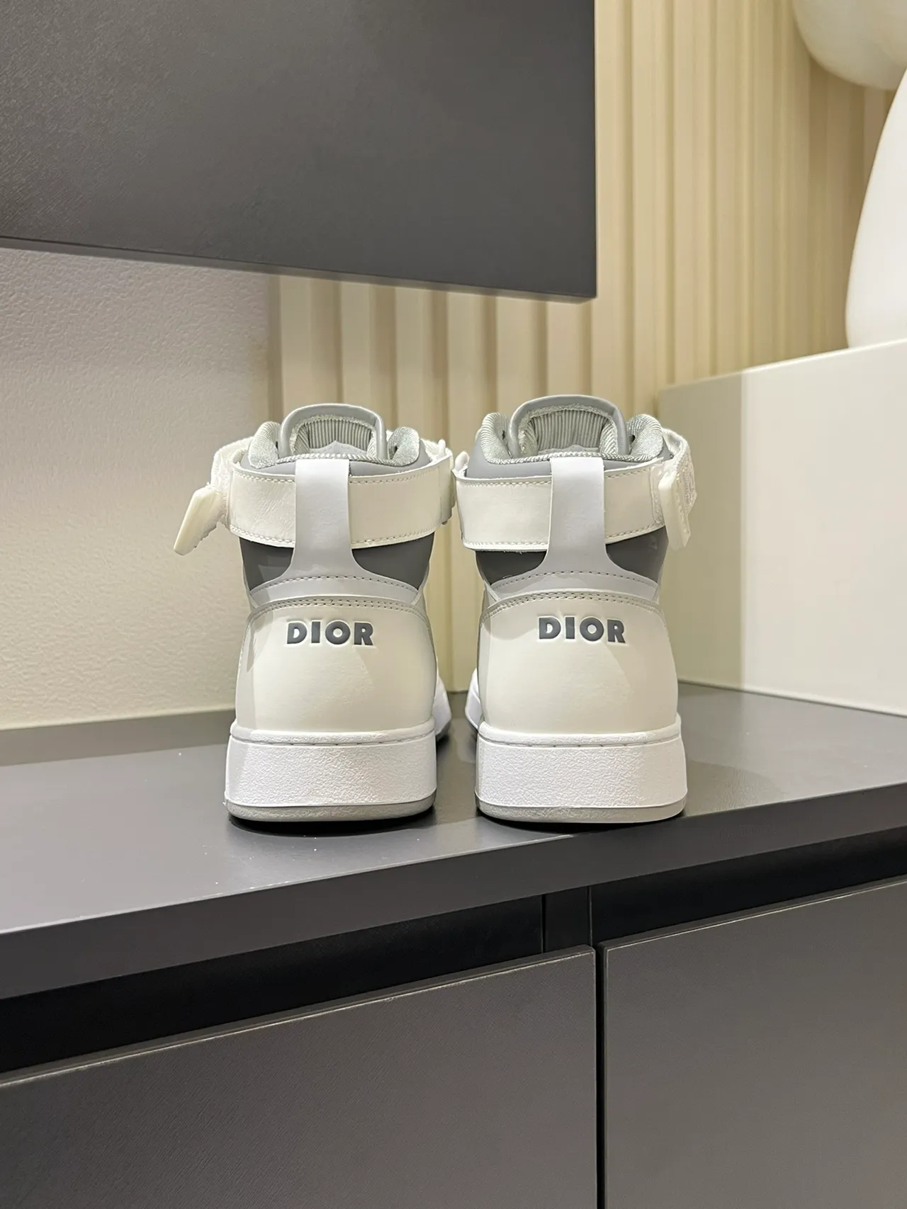 Dior White Gray High-Top Ankle-Strap Lifestyle Sneakers