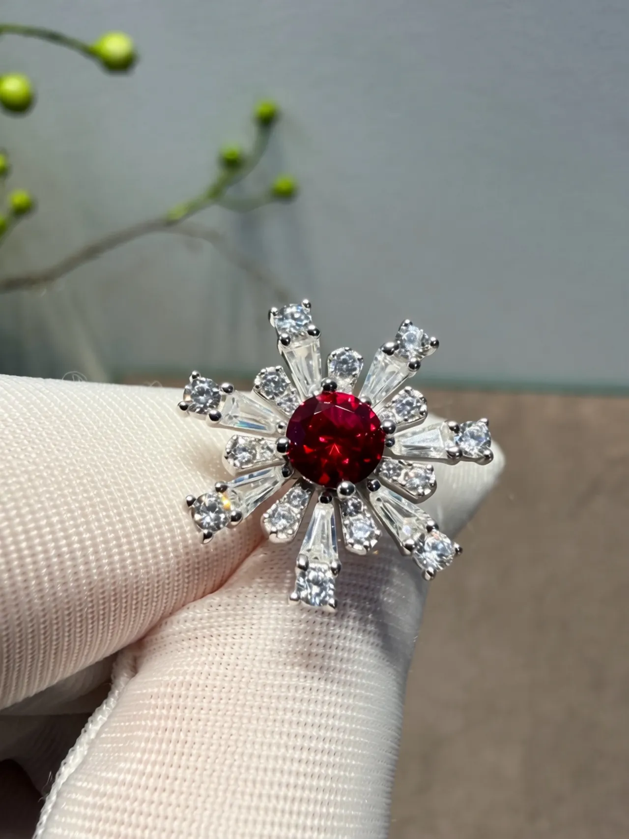 Snowflake-Style Red Gemstone and Diamond Brooch