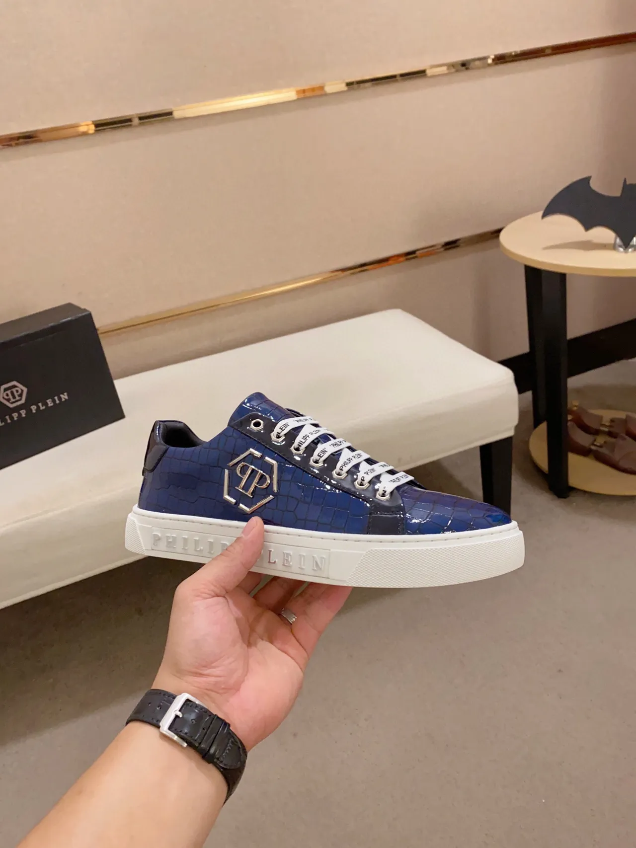 Philipp Plein Blue Croc-Embossed Logo Sneaker
