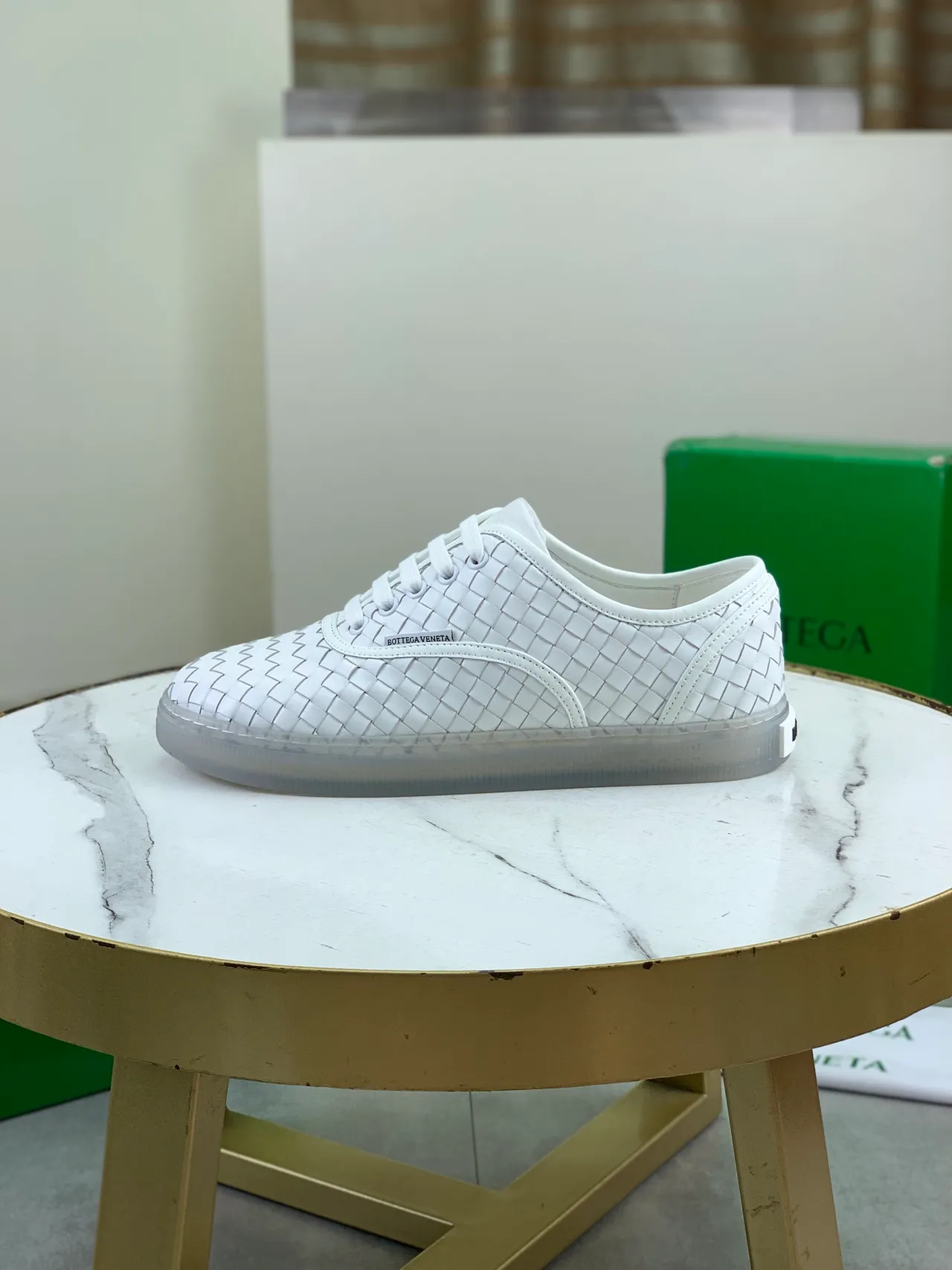 Bottega Veneta Cassette White Woven Leather Lifestyle Sneakers