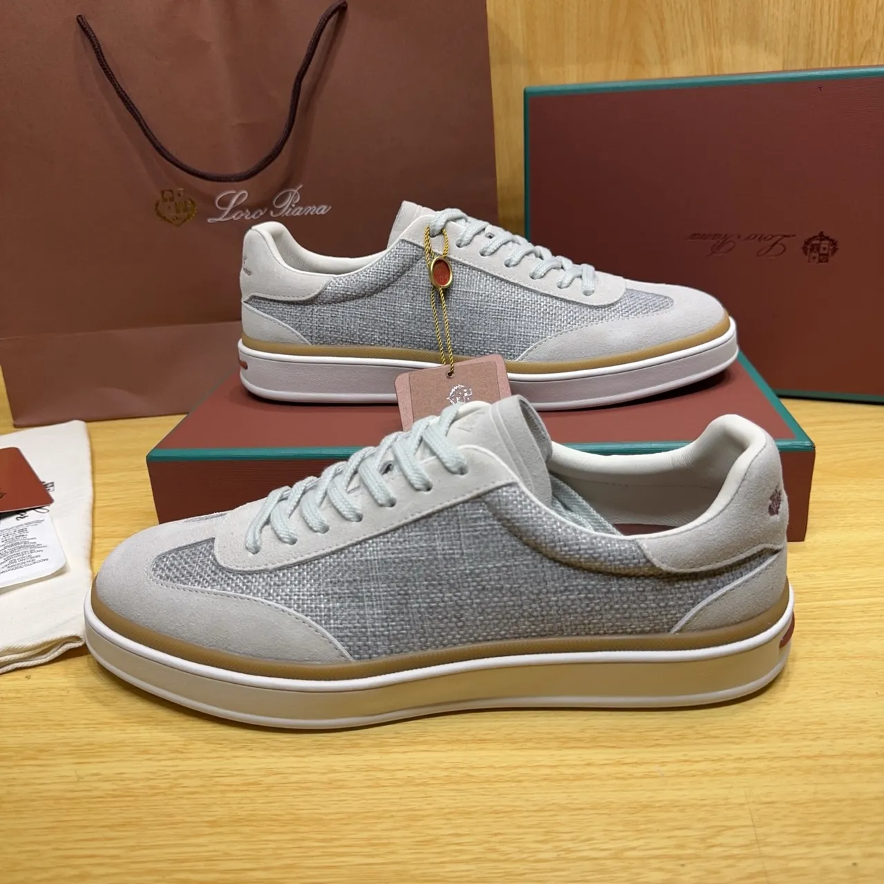 Loro Piana Gray Beige Woven Textile Upper Suede Overlays Lifestyle Sneakers