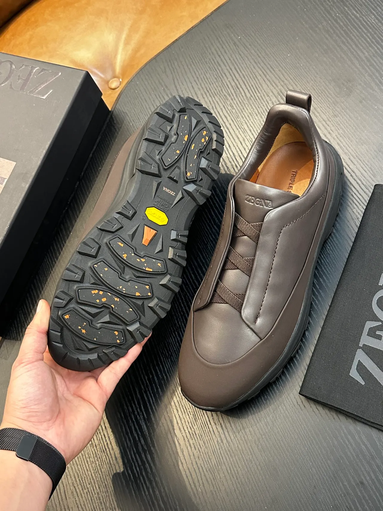 Zegna Gray Black Slip-On Leather Upper Sneakers