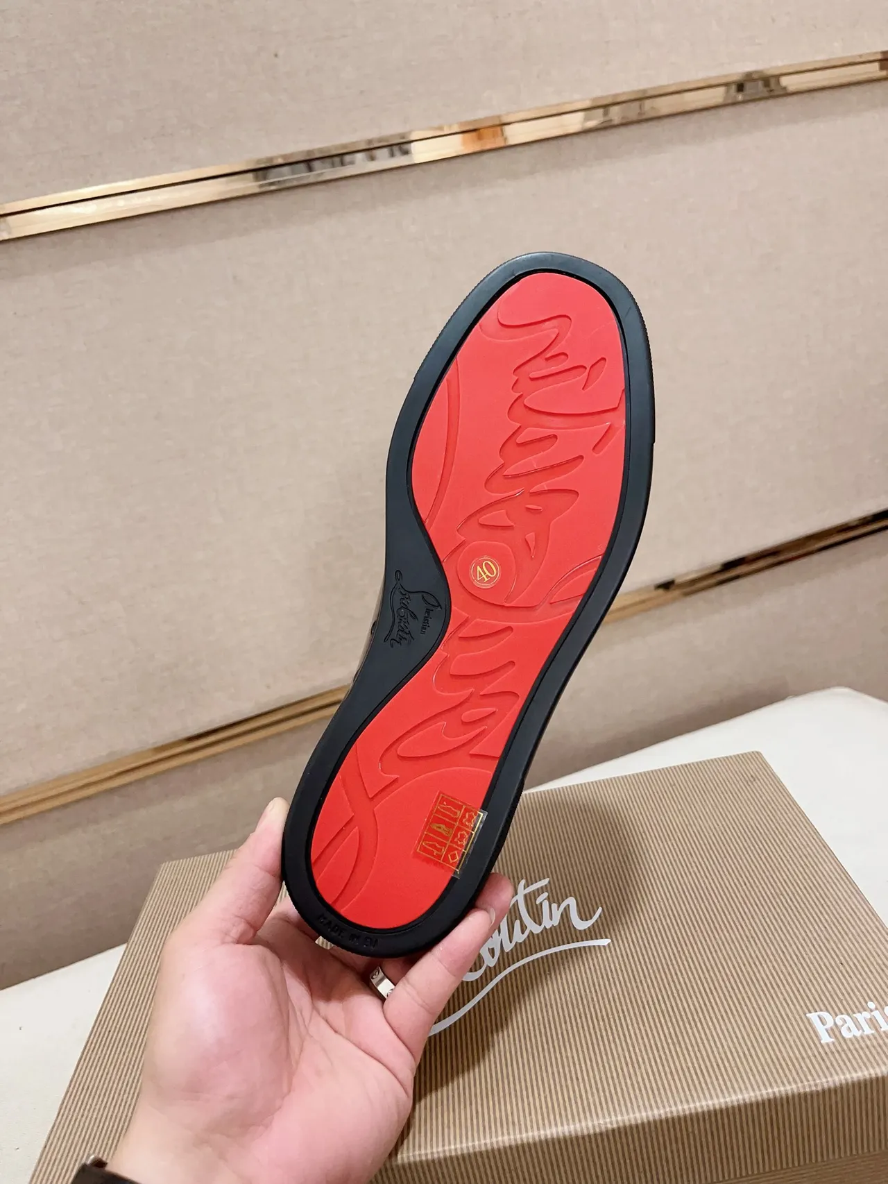Christian Louboutin Black Orange Glossy Patent Leather Cap-Toe Construction Sneakers