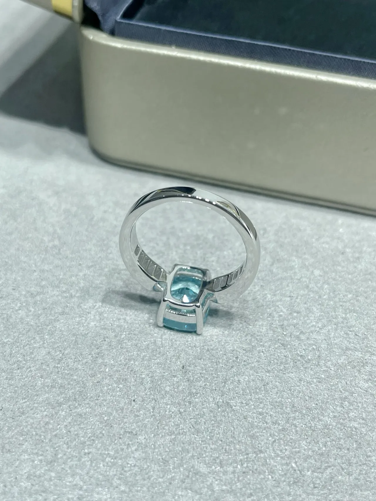 Blue Silver Cushion-Cut Central Stone Baguette Side Accents Ring