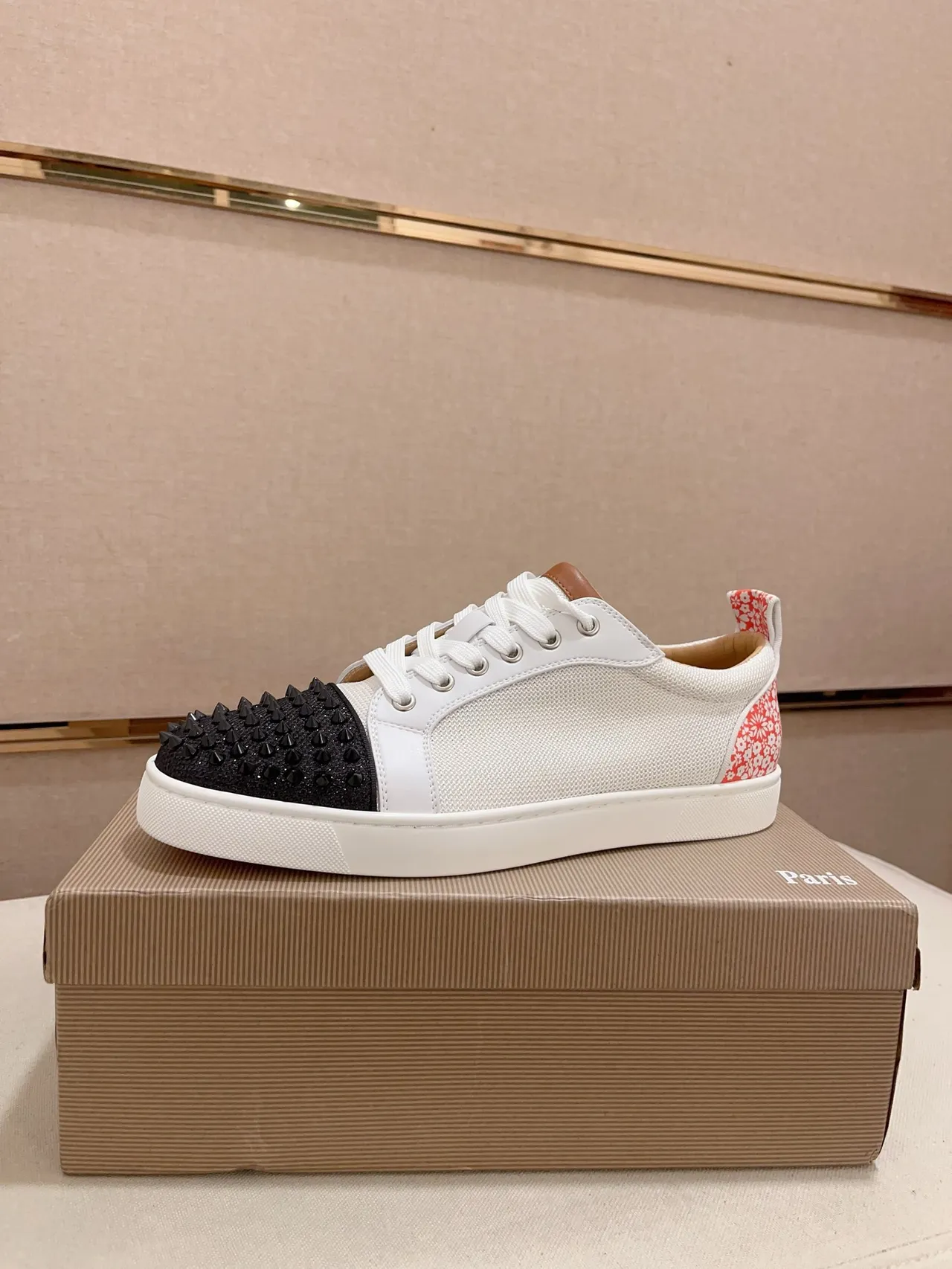 Christian Louboutin White Black Studded Toe Cap Mesh And Leather Paneling Lifestyle Sneakers