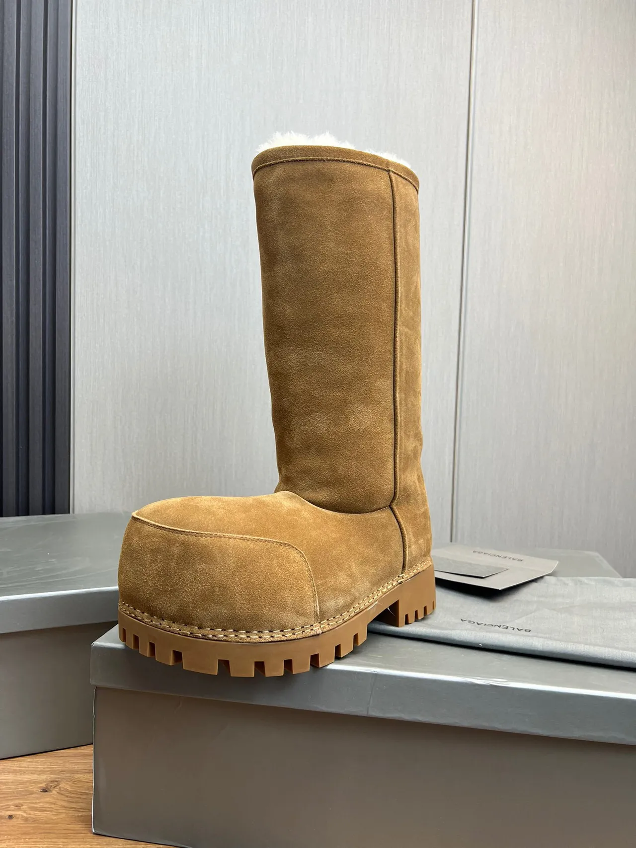Balenciaga Defender Brown Beige Suede Shearling-Lined Knee Boots
