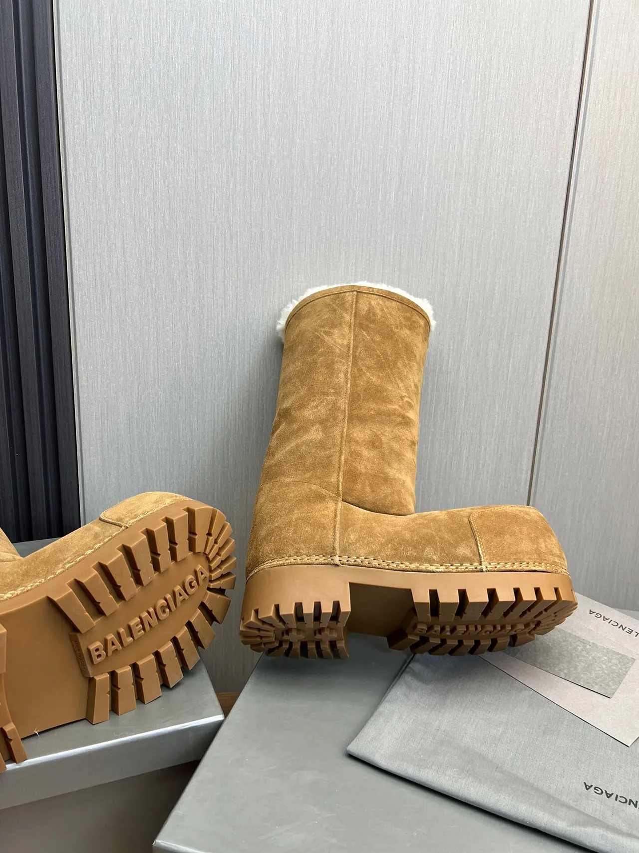 Balenciaga Defender Brown Beige Suede Shearling-Lined Knee Boots