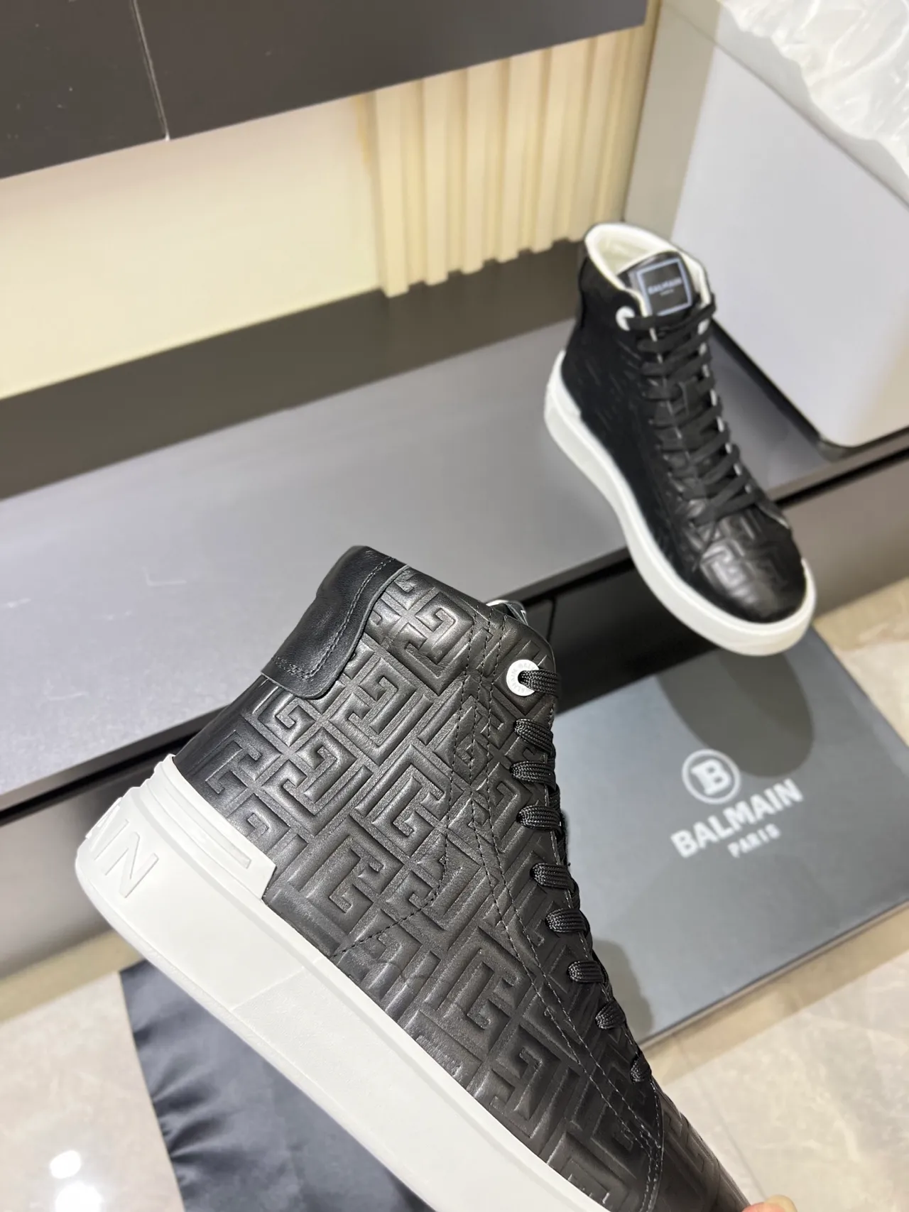 Balmain Black White High-Top Embossed Logo Lifestyle Sneakers