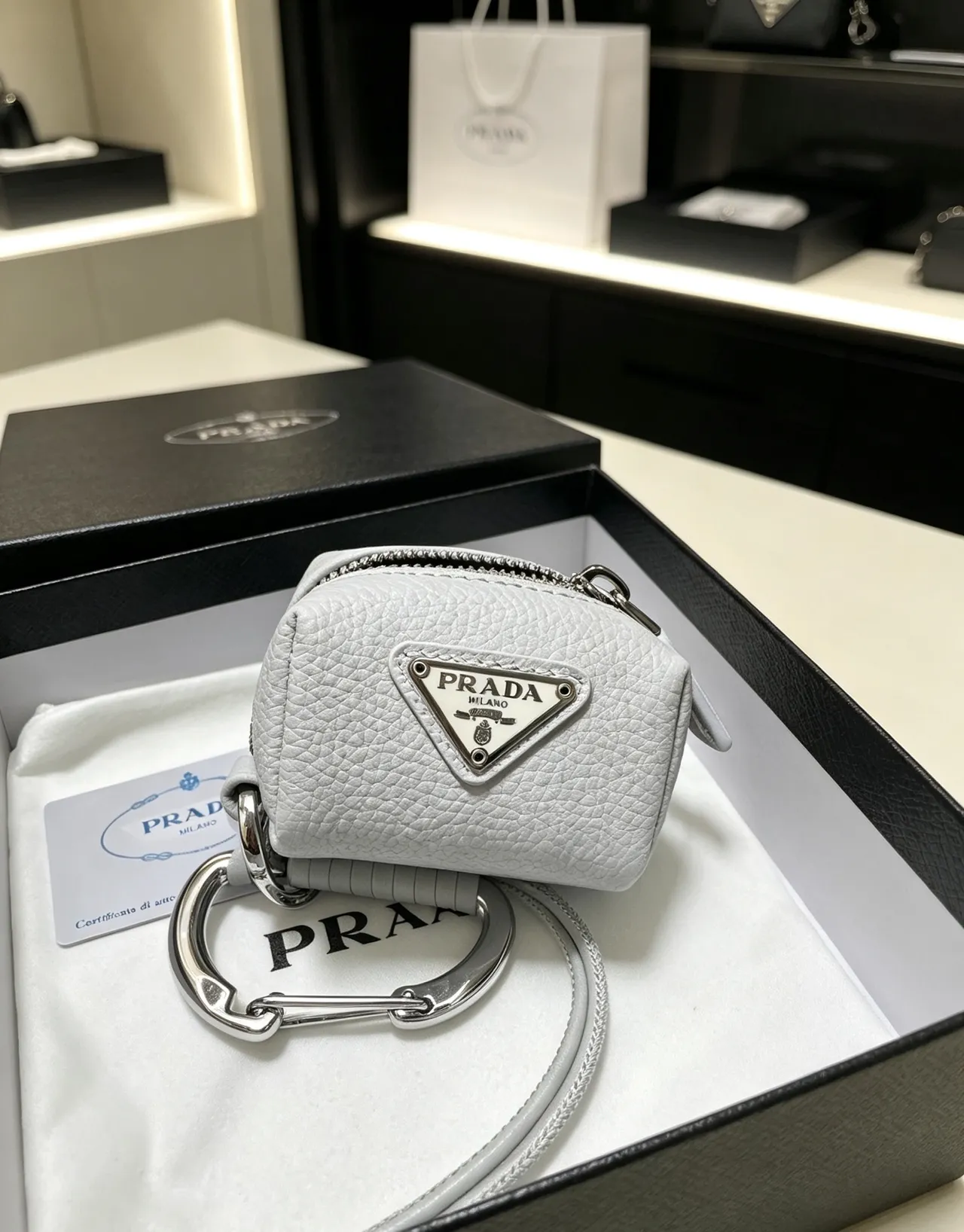 Prada Gray Silver Pebbled Leather Cylindrical Pouch Crossbody Bag