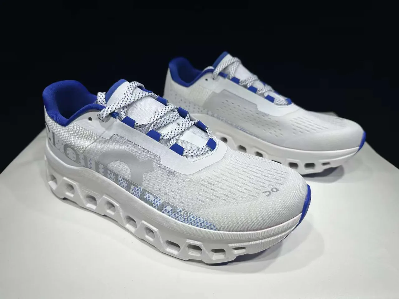 On Cloudmonster White and Blue Running Shoes