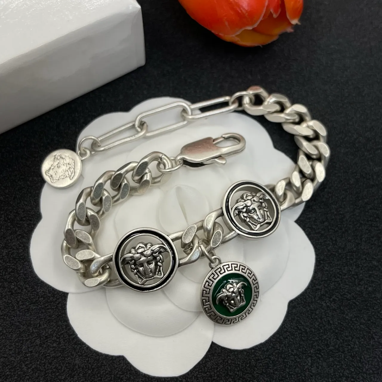Versace Medusa Charm Bracelet Silver Green Curb Chain Bracelet