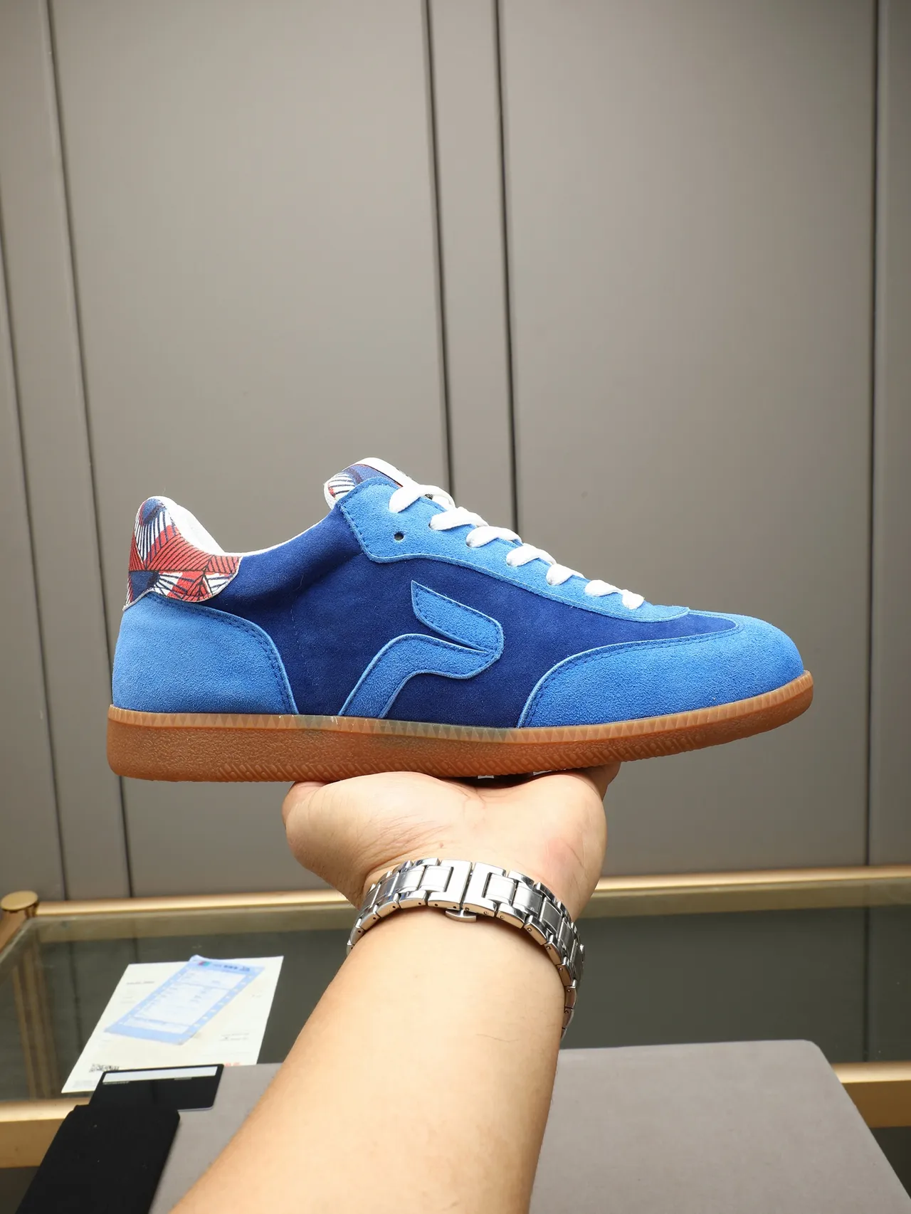 Blue Multicolor Two-Tone Suede Abstract Side Logo Sneakers