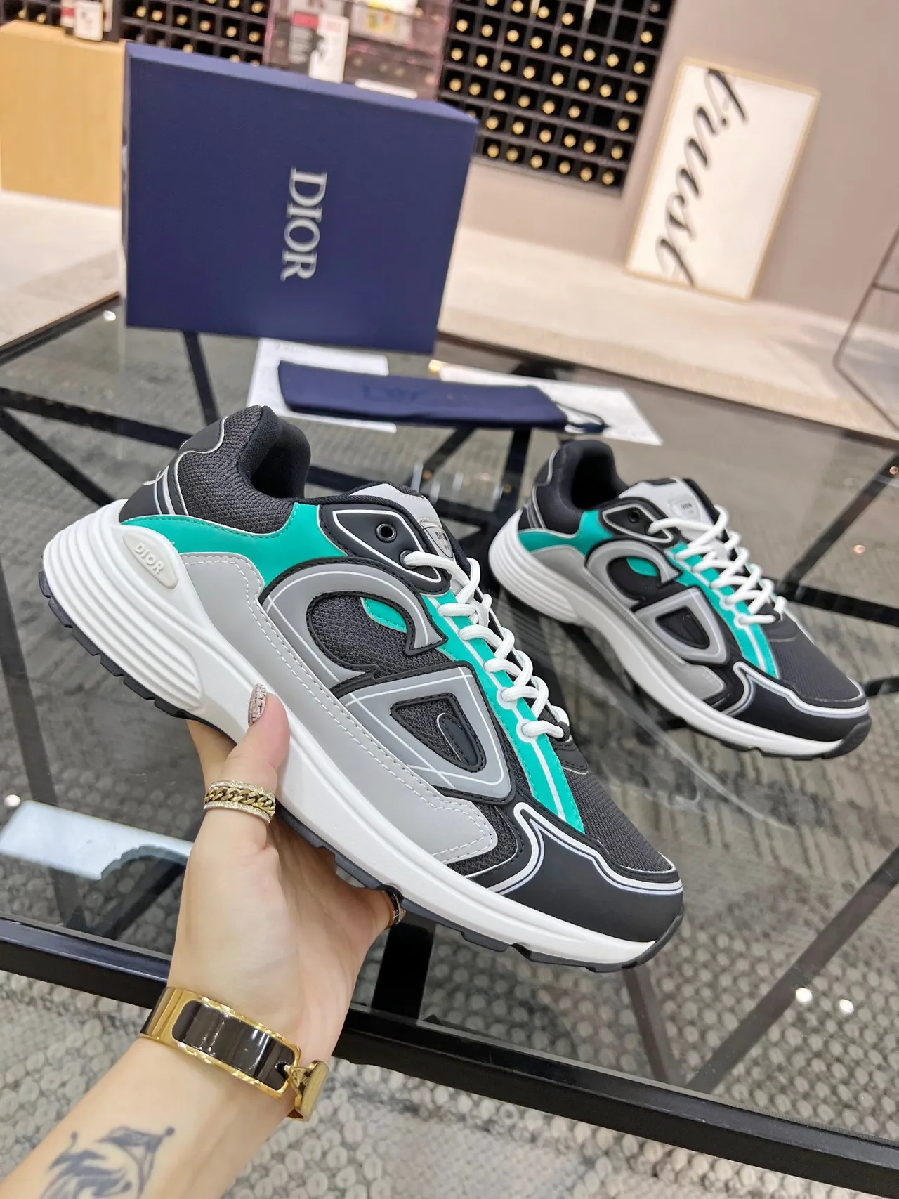 Dior B23 Black Blue Sole Layered Mesh And Synthetic Overlays Chunky Sneakers