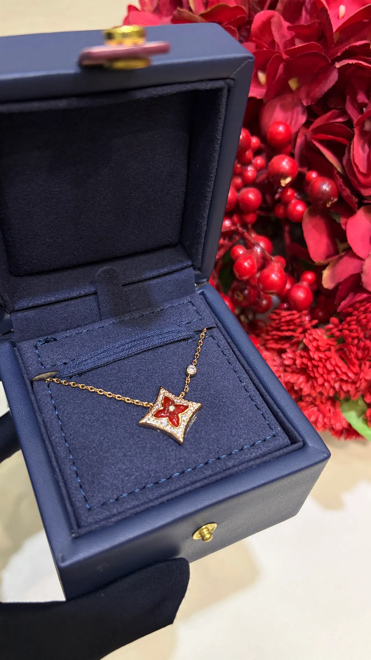 Louis Vuitton Red Enamel Floral Pendant Gold-Tone Necklace