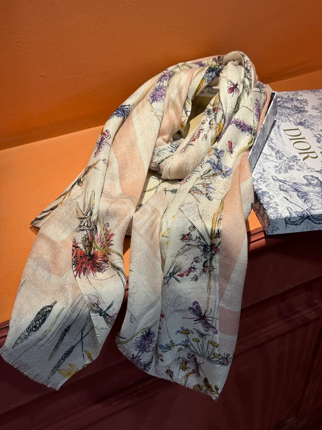 Beige Multicolor Botanical Print Sheer Lightweight Silk Scarf