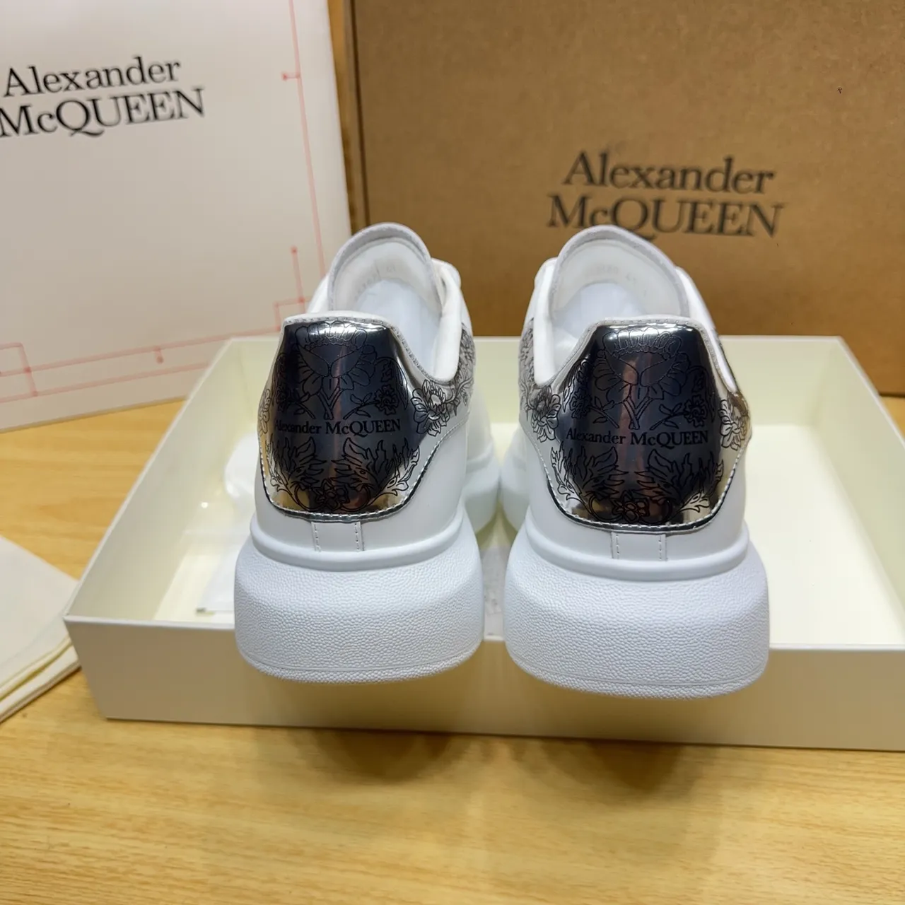Alexander McQueen Oversized Sneaker White Silver Platform Sole Metallic Heel Counter Lifestyle Sneakers