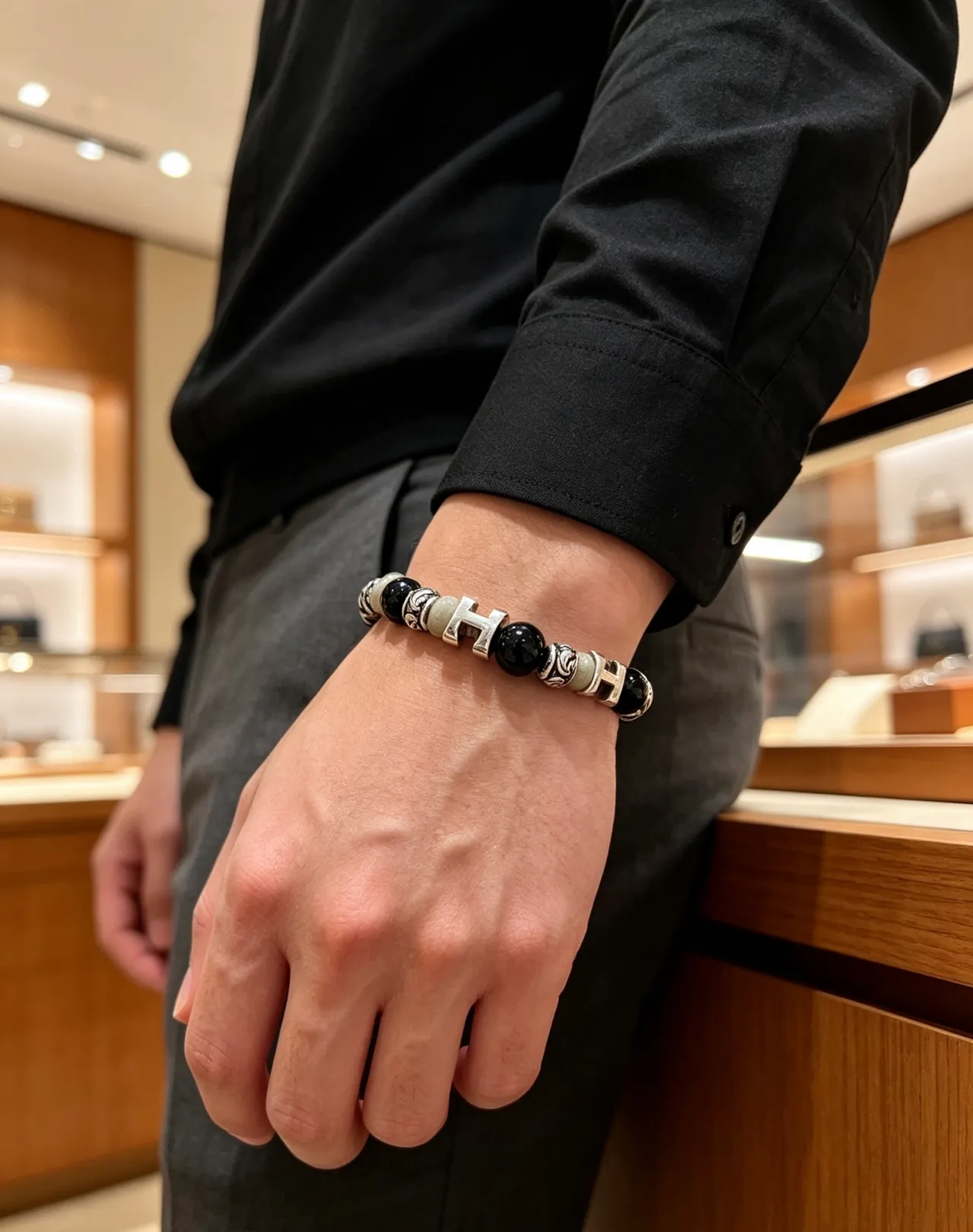 Hermès Black Silver Beaded Multi-Stone Bracelet