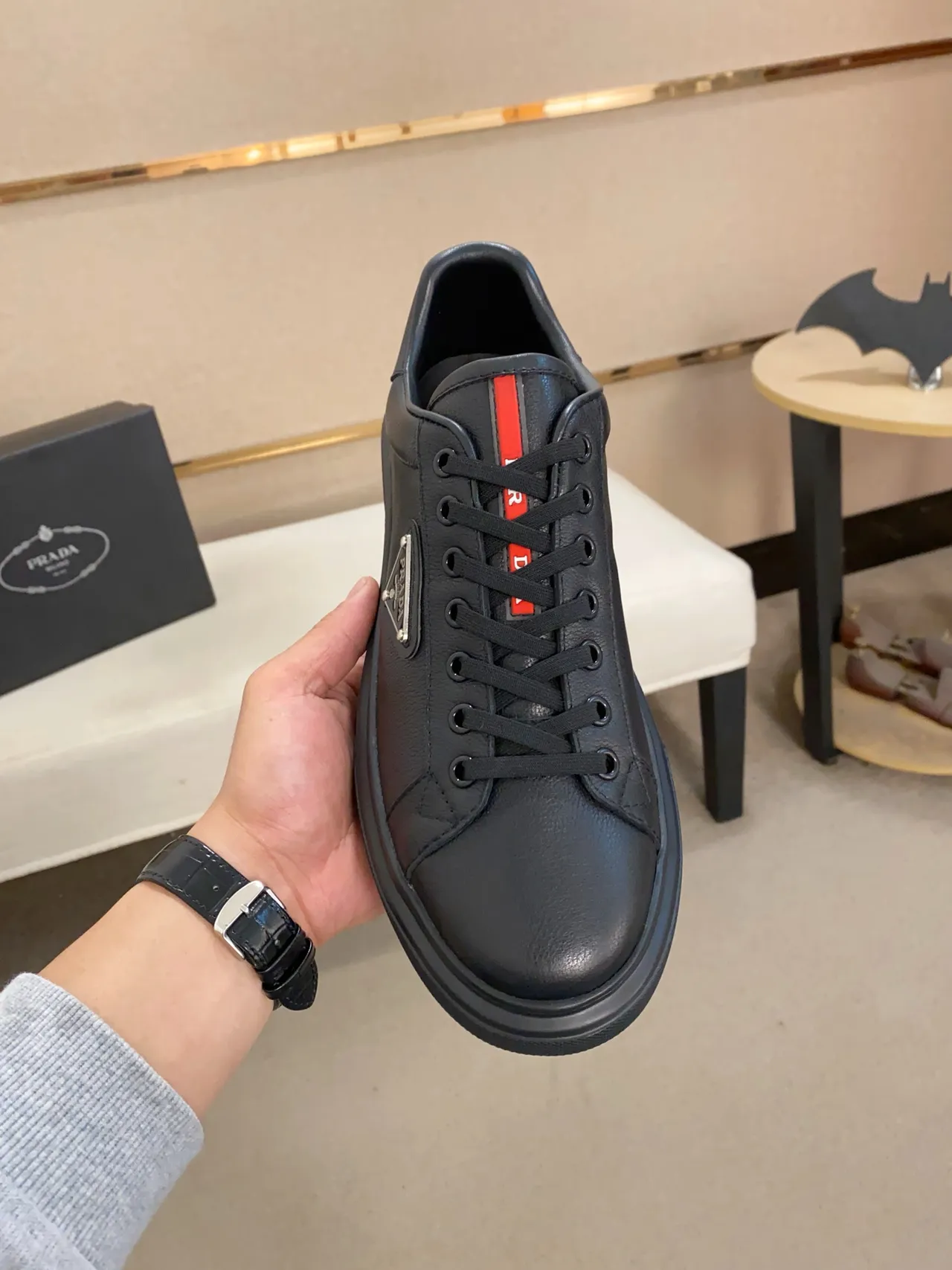 Prada Black Red Leather Upper Triangular Metal Logo Plaque Lifestyle Sneakers