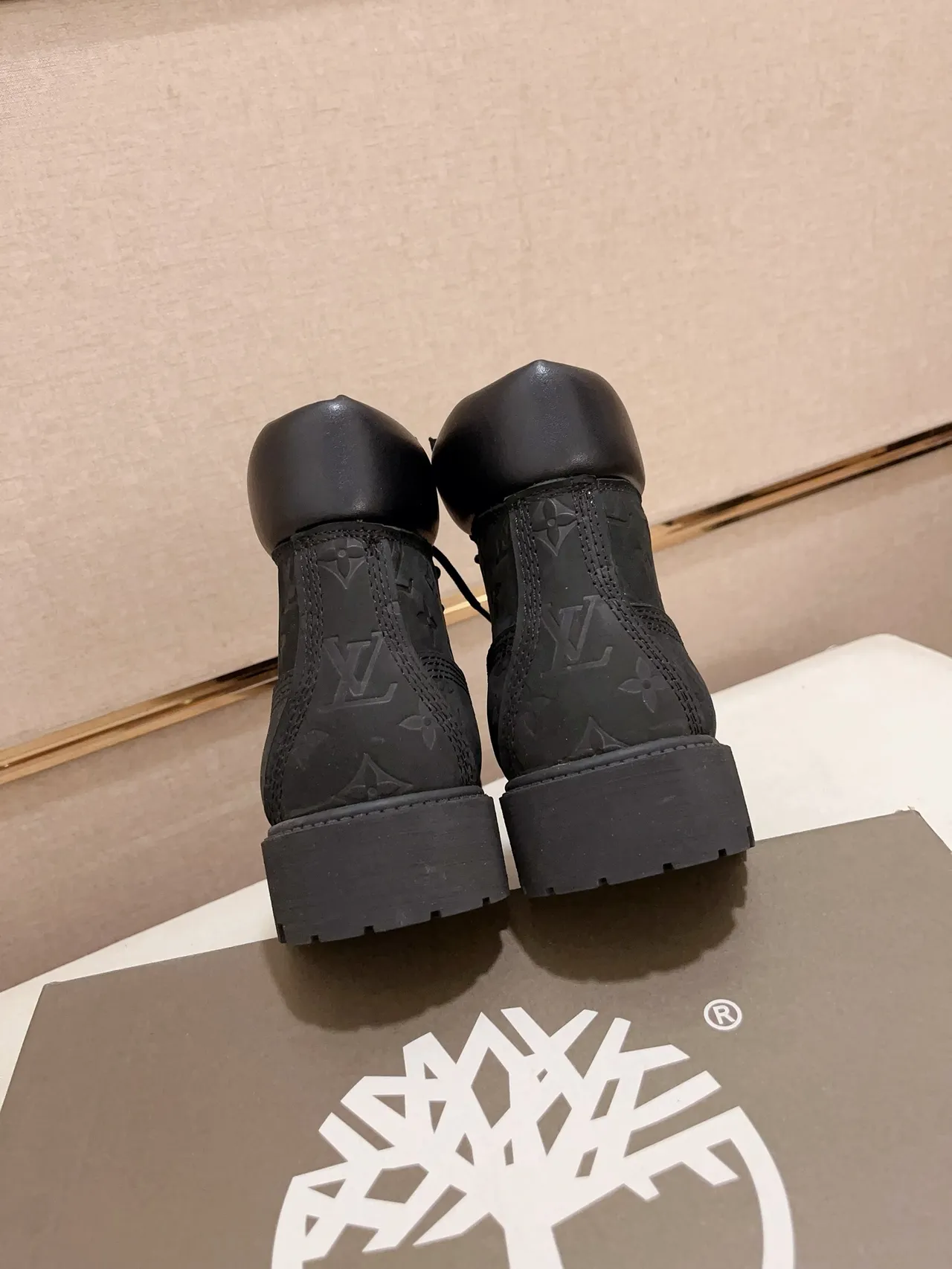 Timberland Black Monogrammed Leather Rugged Lug Sole Work Boots