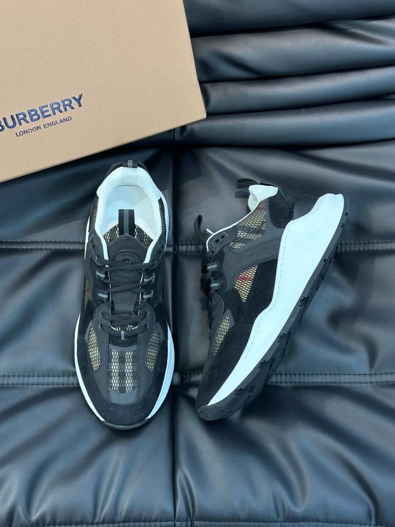 Burberry Lola Black White Layered Suede-Mesh-Plaid Upper Sculpted Midsole Chunky Sneakers