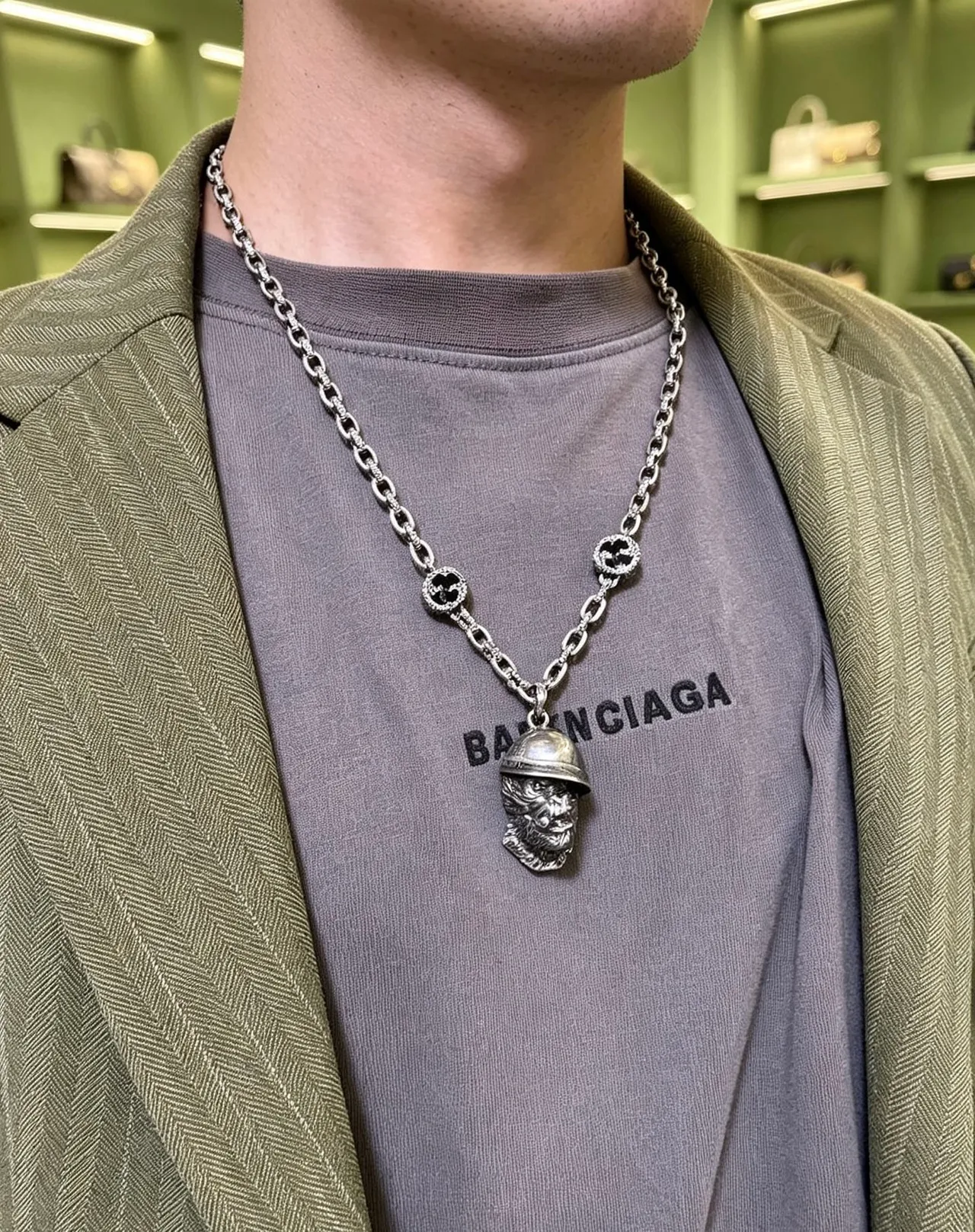 Gucci Sculpted Helmeted Head Pendant Necklace