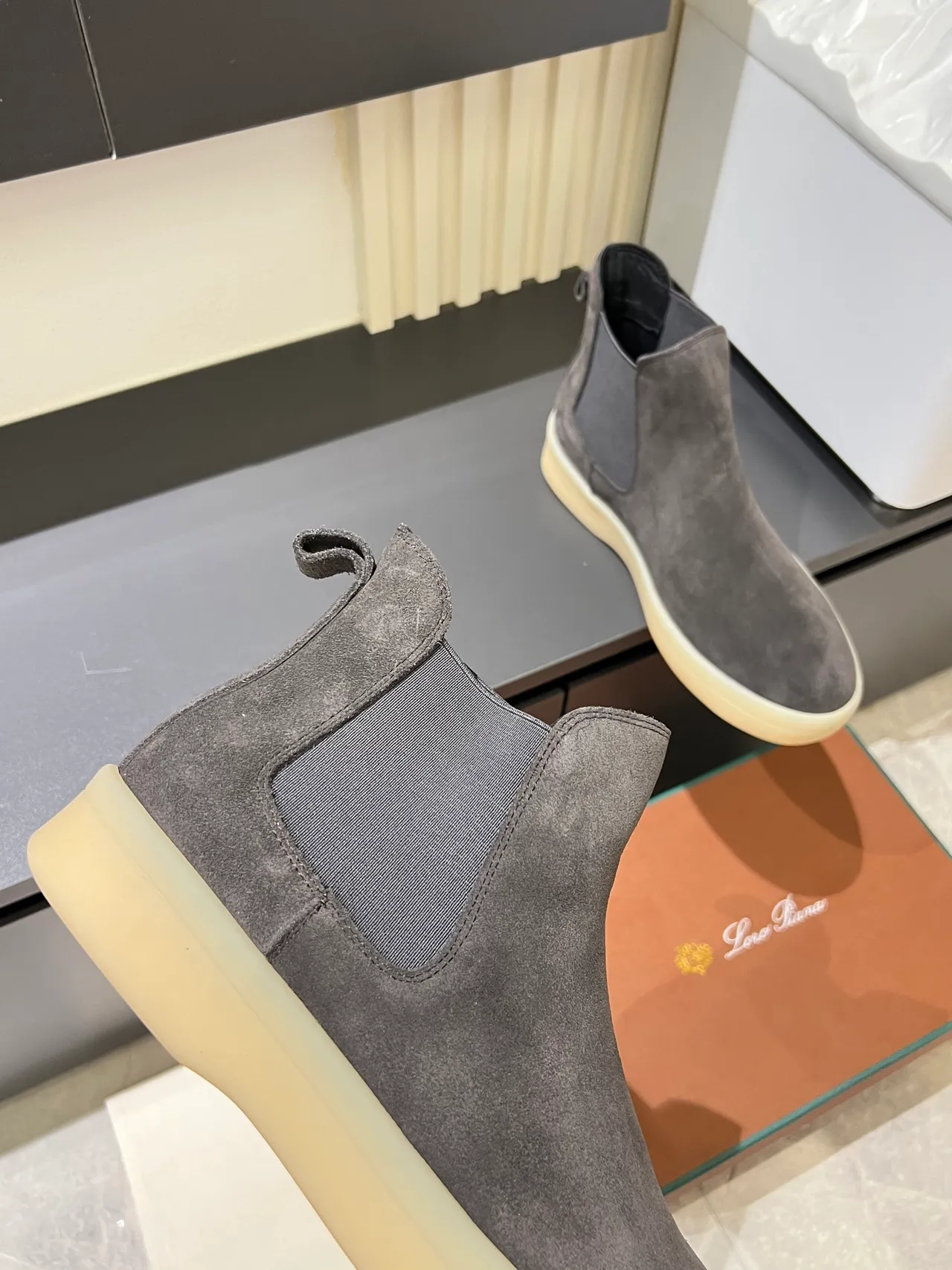 Gray Beige Suede Upper Elastic Side Gussets Chelsea Boots