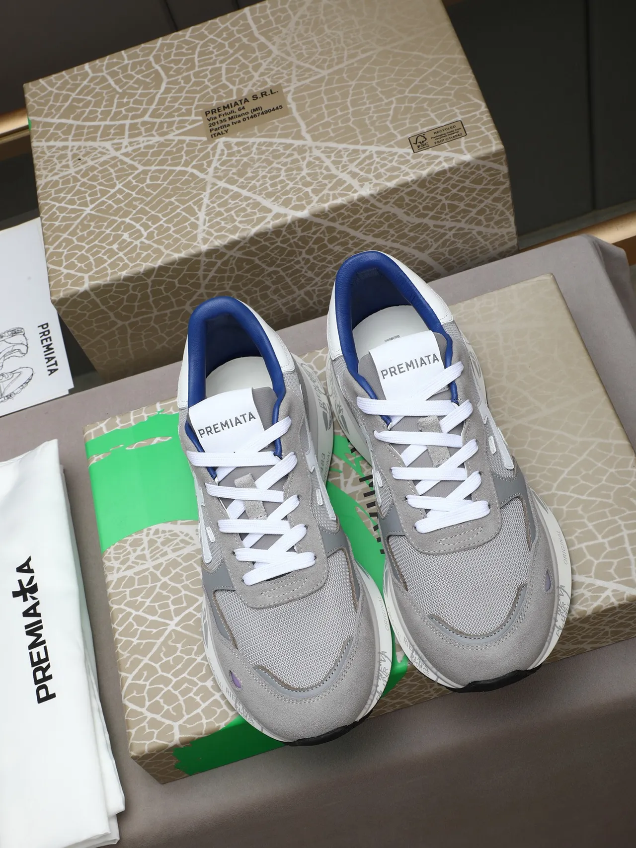Premiata Gray Blue Mixed-Material Upper X-Logo Side Panel Sneakers