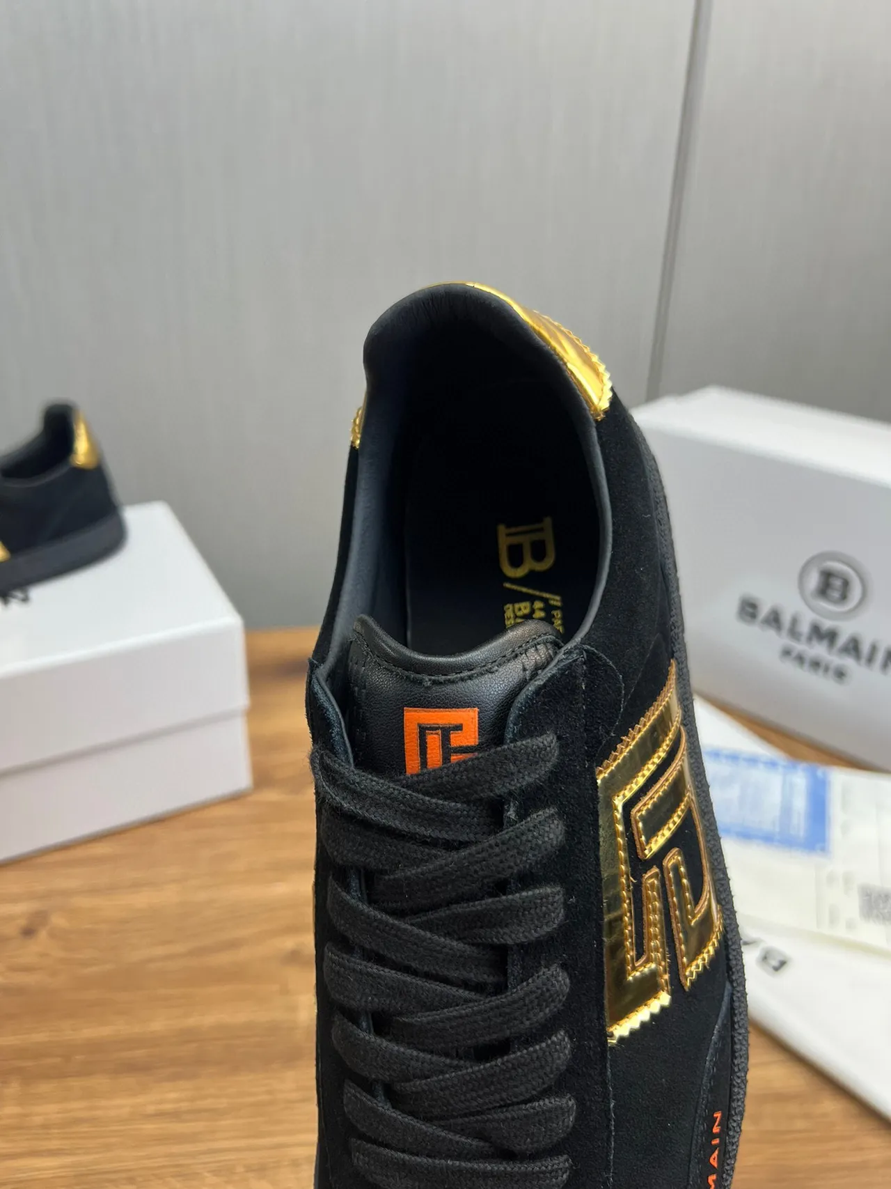 Balmain Black Gold Suede Upper Monogram Logo Lifestyle Sneakers