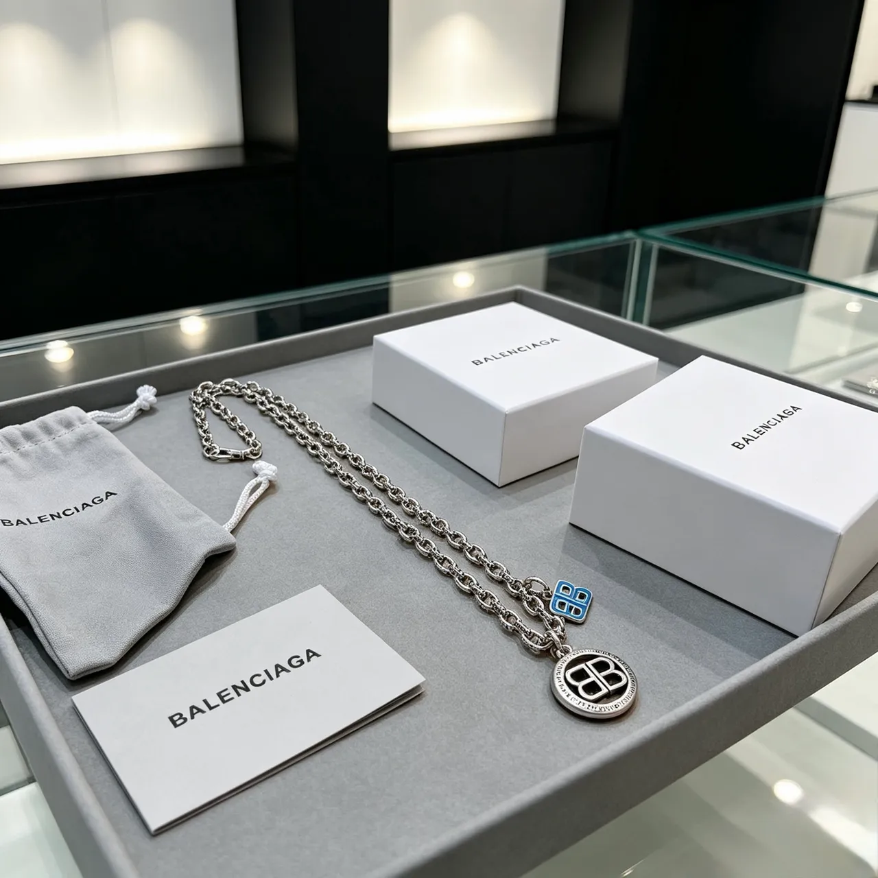 Balenciaga BB Necklace Silver Blue Chunky Curb Chain Double-B Logo Pendant Necklace