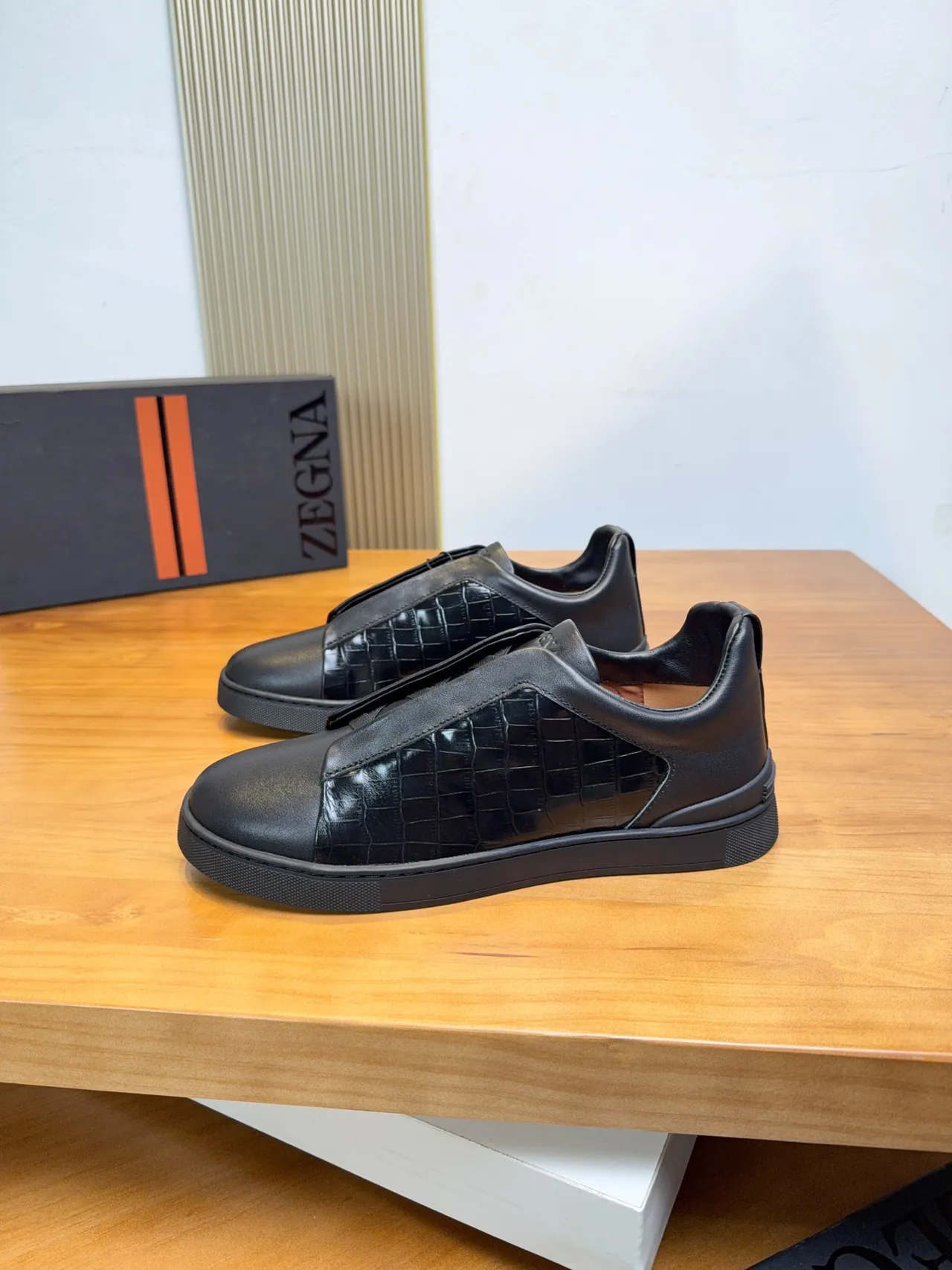 Zegna Slip-On Croc-Embossed Leather Black Lifestyle Sneakers