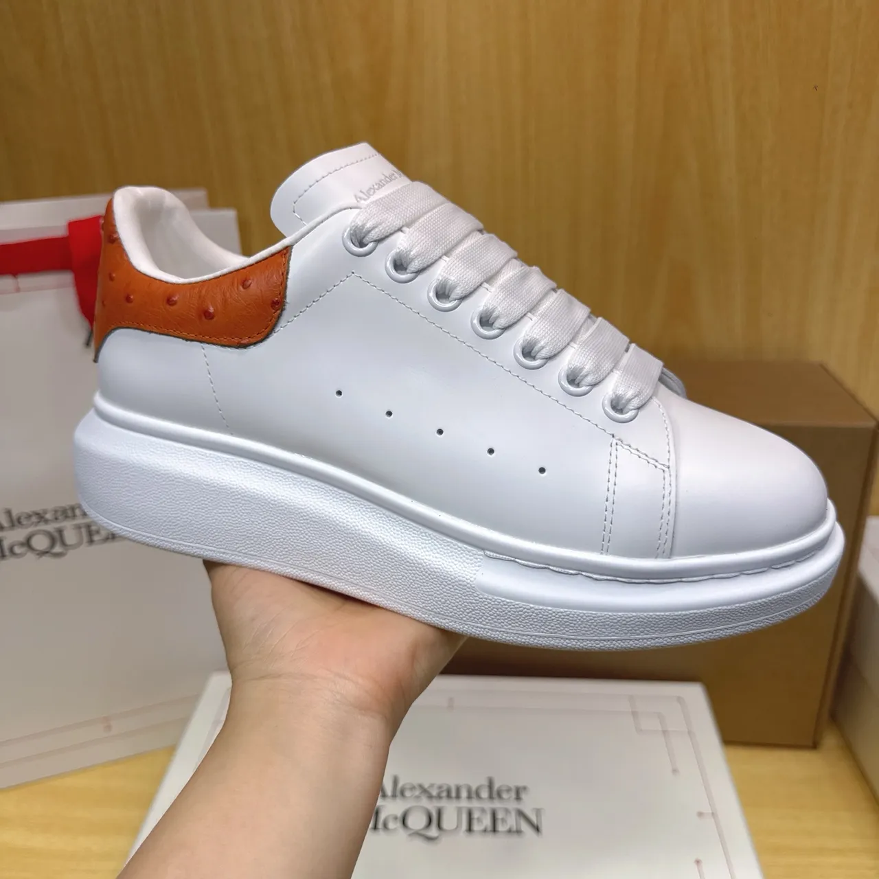 Alexander McQueen Oversized Sneaker White Orange Platform Sole Perforated Side Panel Chunky Sneakers
