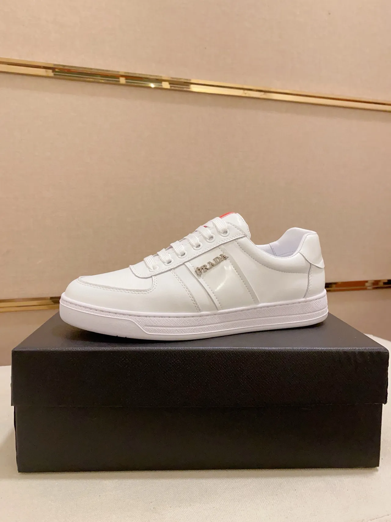 Prada White Red Low-Top Smooth Leather Lifestyle Sneakers
