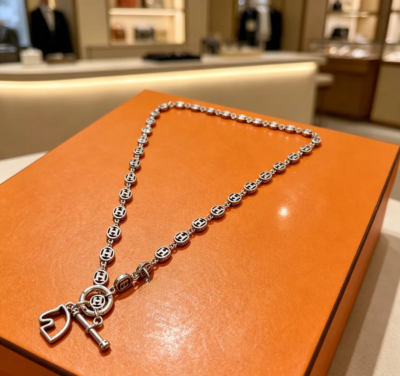 Hermès Silver Black Logo-Link Chain Necklace