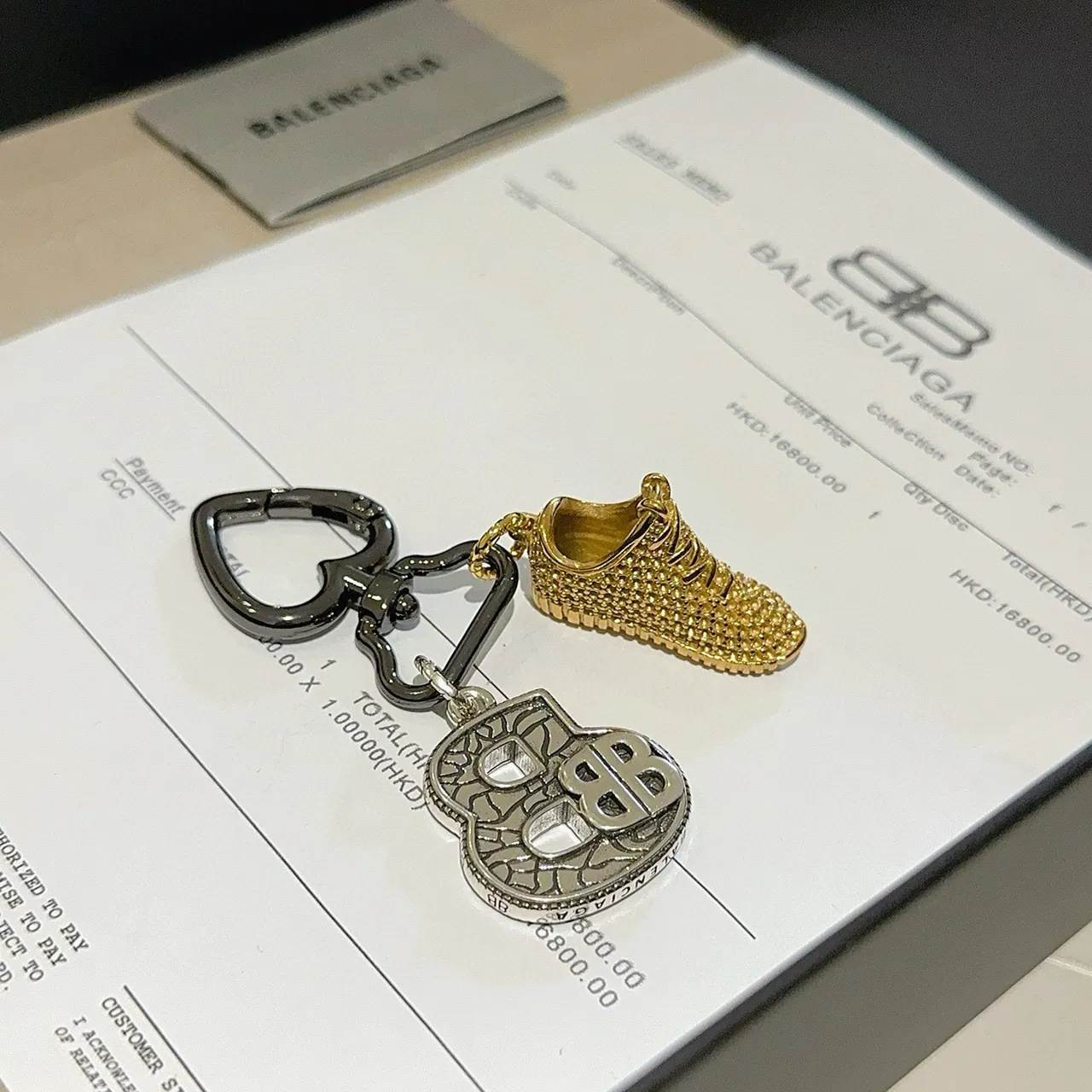 Balenciaga Gold Silver Miniature Sneaker Charm Heart-Shaped BB Logo Bracelet
