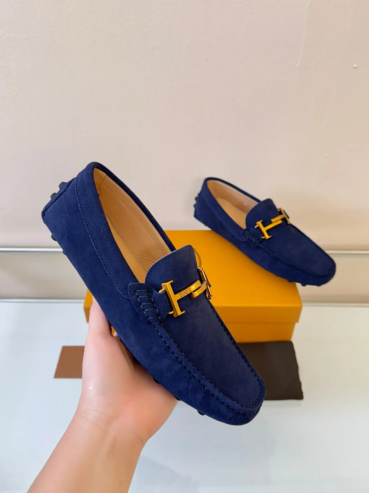 Tod's Gommino Navy Gold Suede Upper H-Bit Hardware Loafer