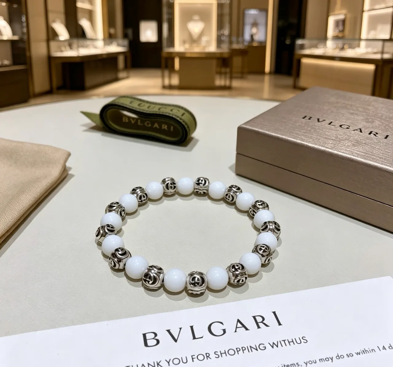 Bvlgari White Silver Beaded Spherical Stones Bracelet