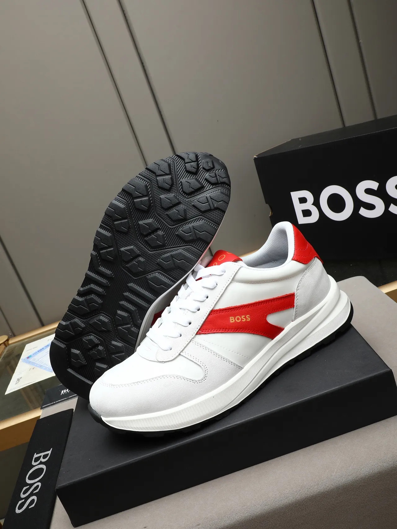 Hugo Boss White Red Leather/suede Upper Chunky Layered Midsole Lifestyle Sneakers