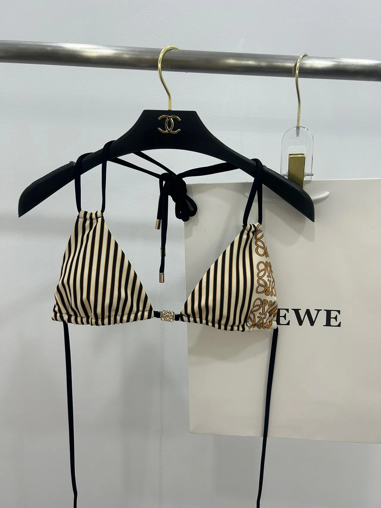 Black Beige Halter Triangle Top Side-Tie Briefs Swimwear