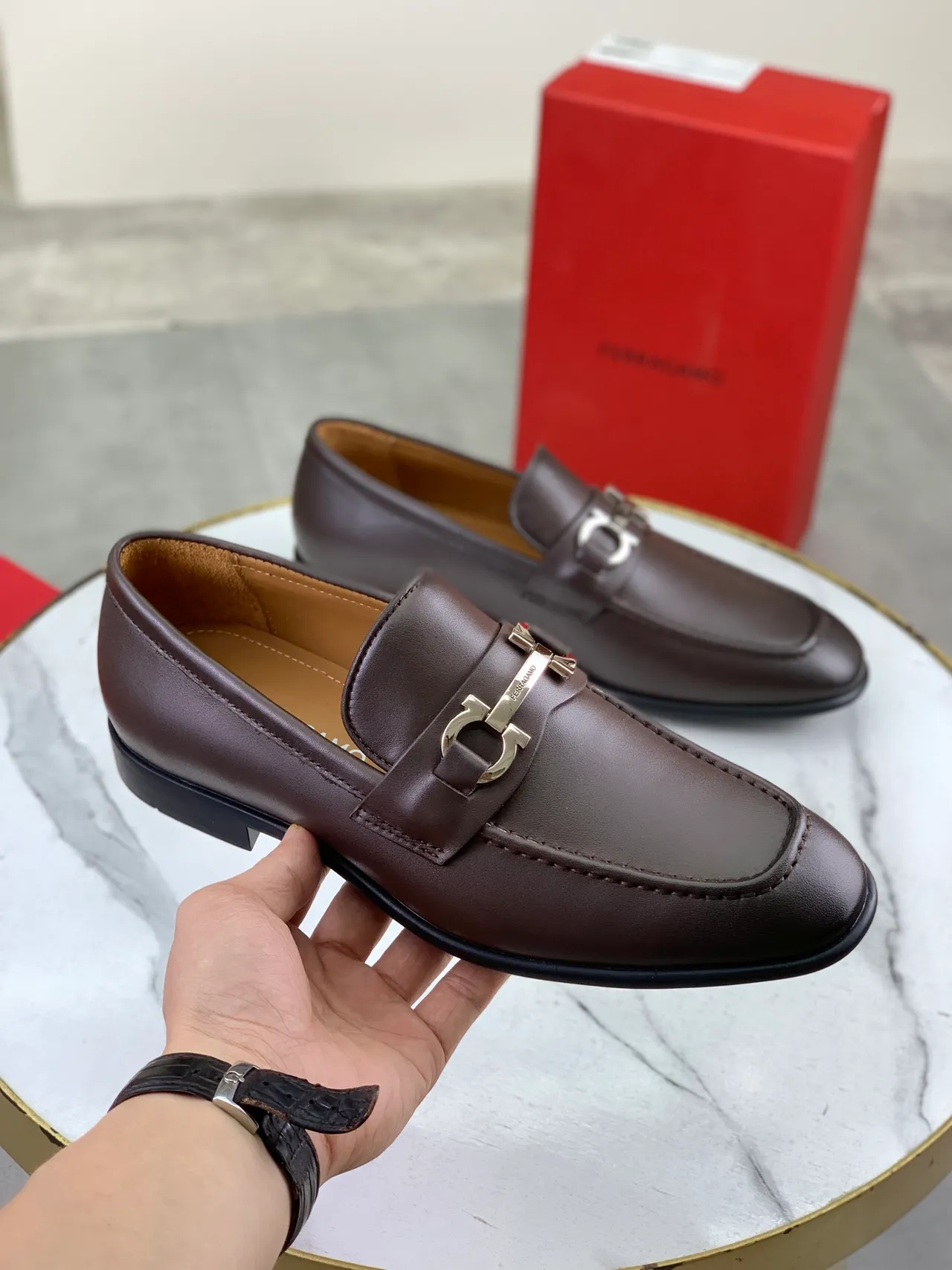 Salvatore Ferragamo Gancini Loafer Brown Leather Square Toe Loafers