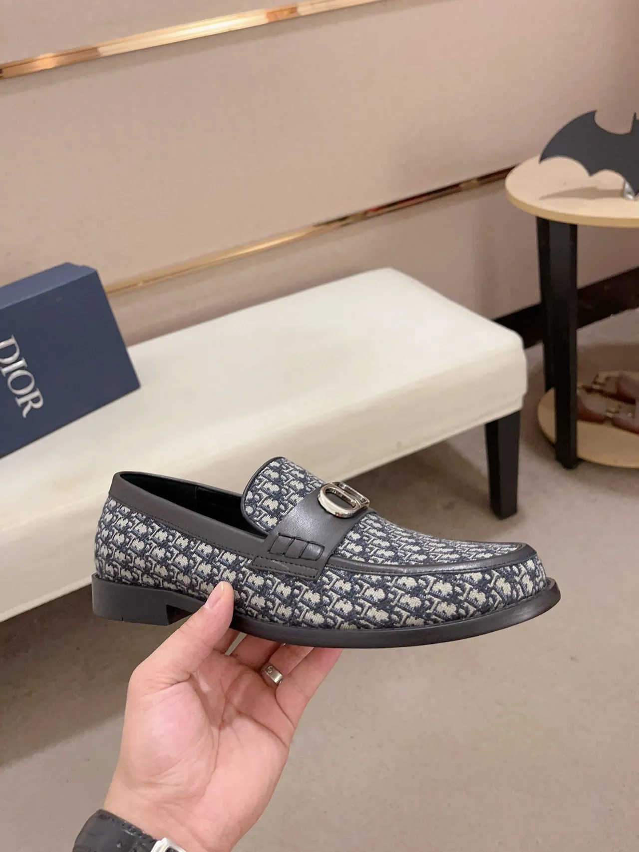Dior Navy Black Monogrammed Canvas Metal D-Buckle Loafer