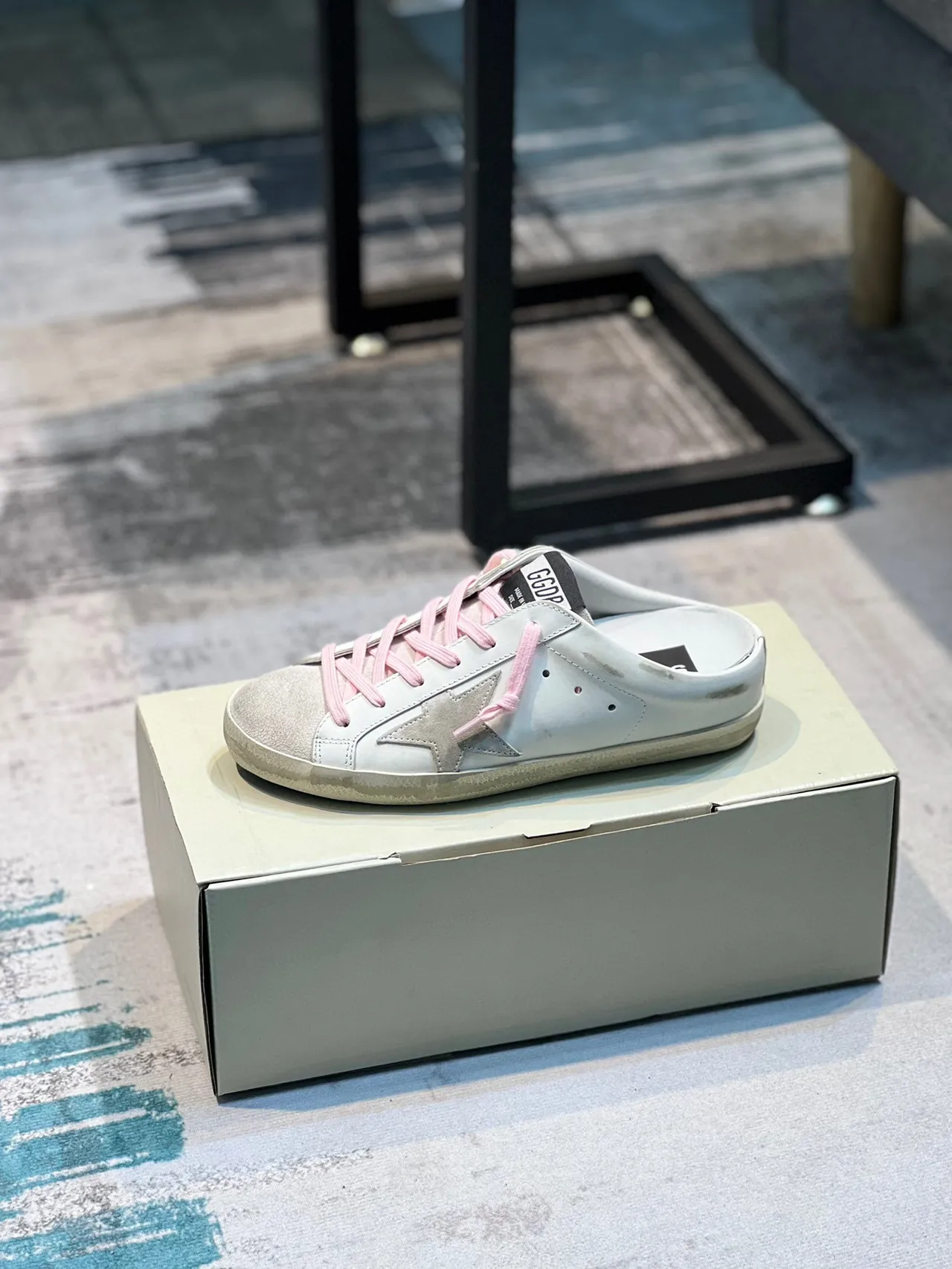 Golden Goose Super-Star Mule White Pink Distressed Leather Laces Lifestyle Sneakers