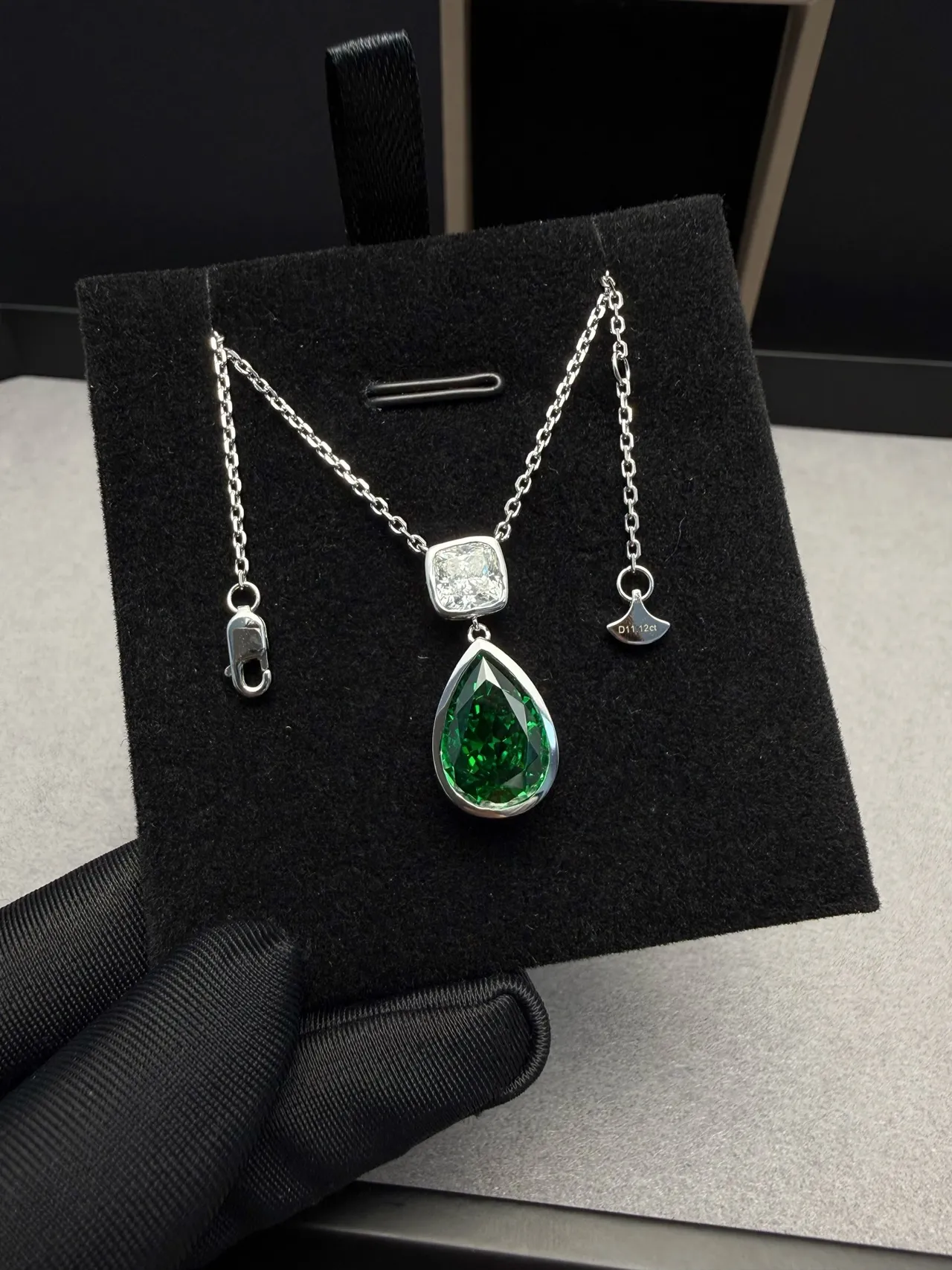 Pear-Shaped Green Gemstone and Square Accent Stone Bezel-Set Pendant Necklace