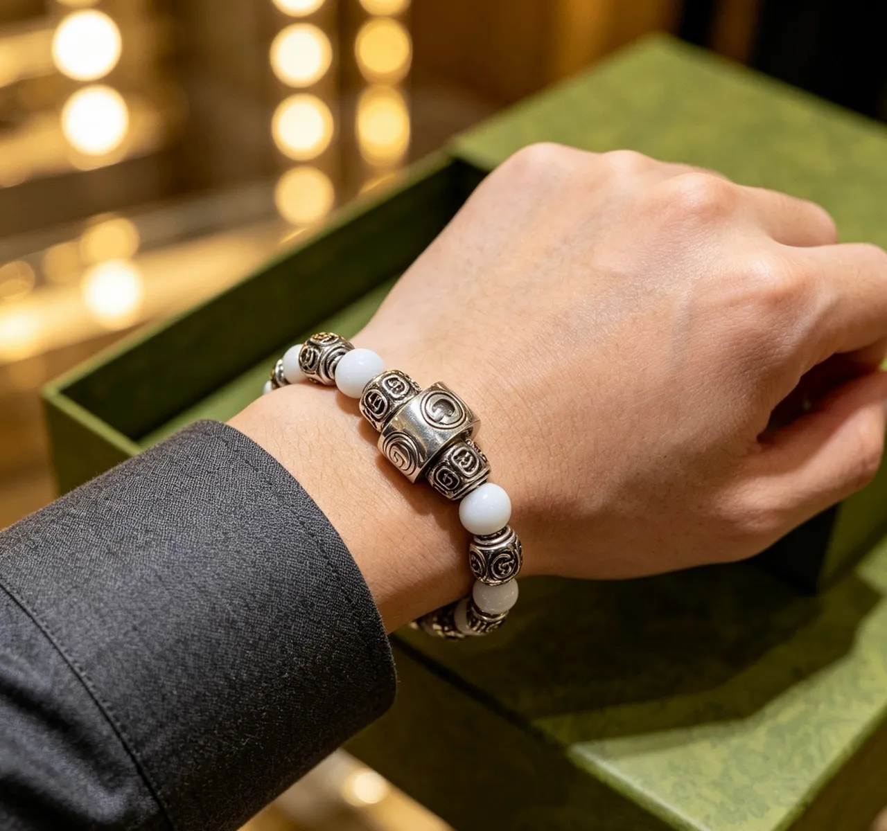 Gucci GG Marmont White Silver Beaded Interlocking G Motif Bracelet