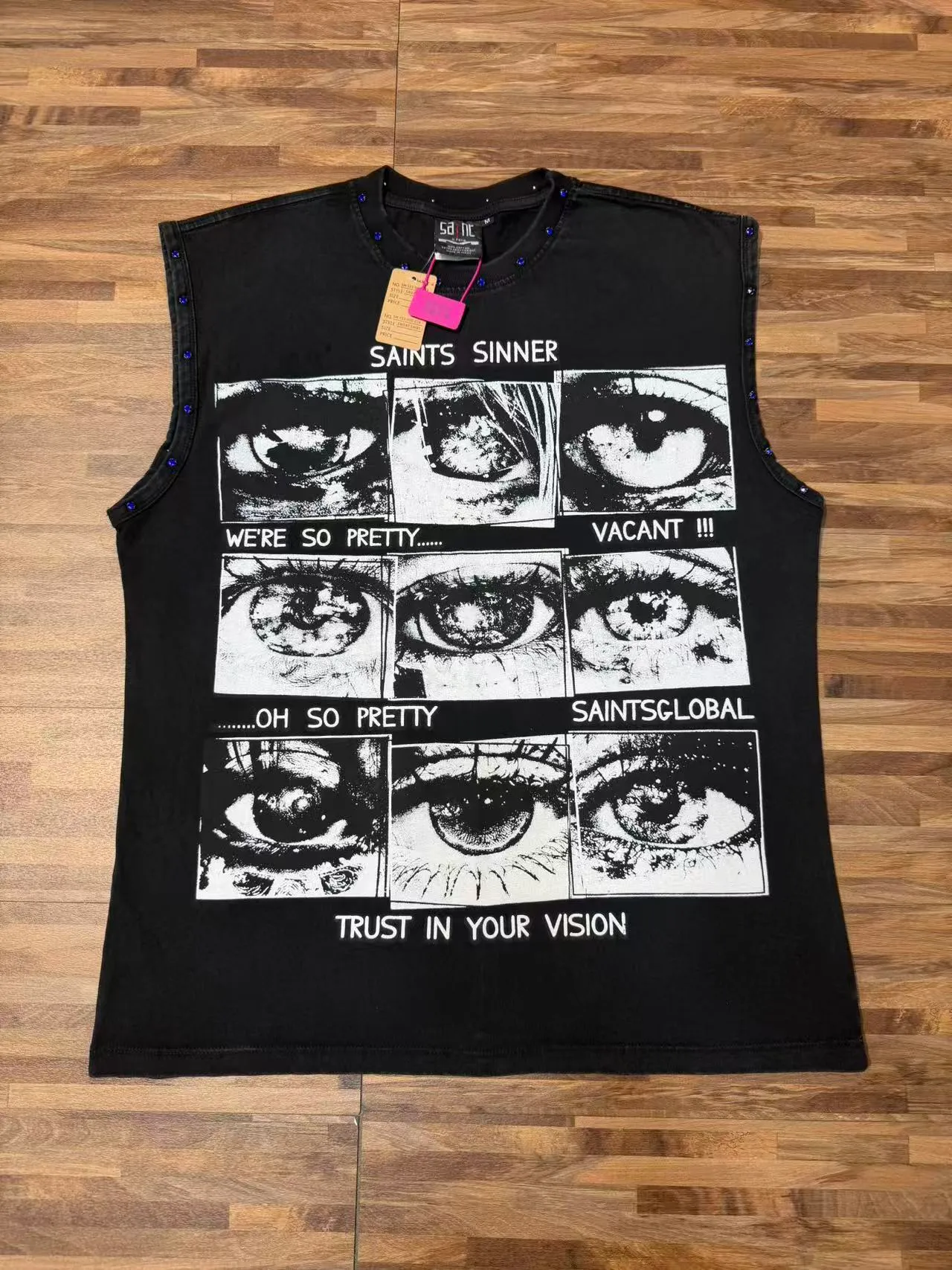 Saints Sinner Graphic-Print Rhinestone-Trimmed Black Denim Vest Top