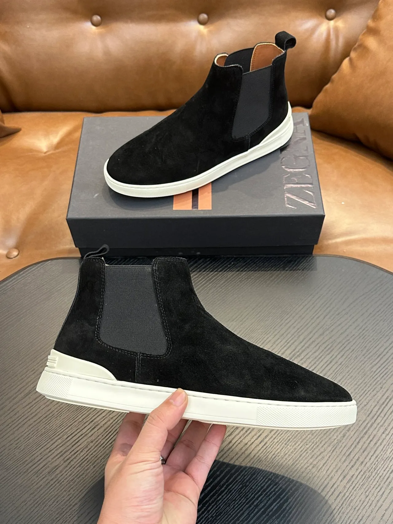 Zegna Black White Suede Upper Elastic Side Gussets Chelsea Boots