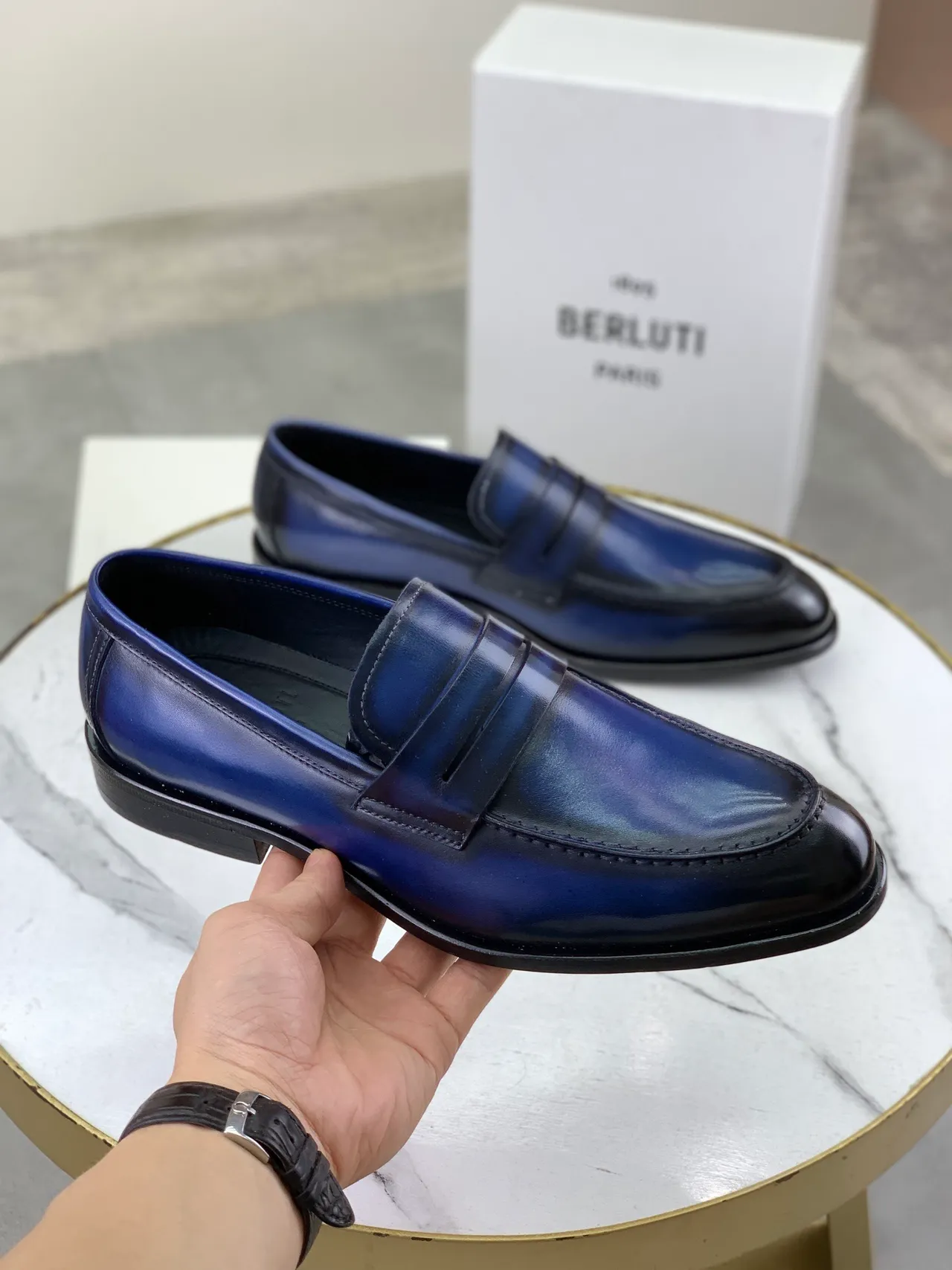 Berluti Two-Tone Blue and Black Penny Loafers