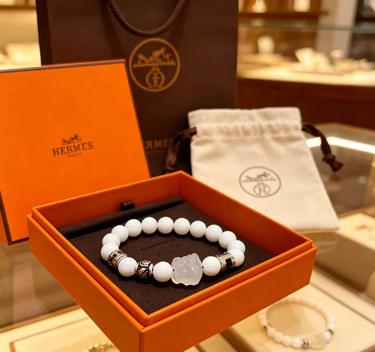 Hermès White Silver Stone Beads Metal Accents Bracelet