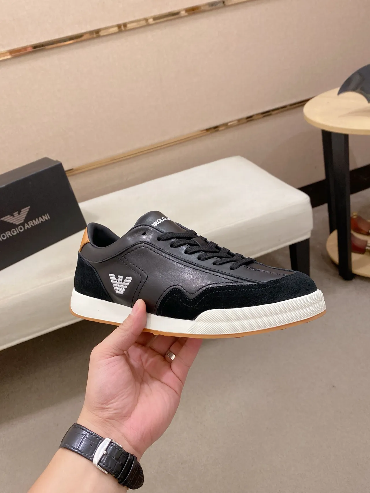 Emporio Armani Black White Panelled Leather And Suede Upper Eagle Logo Detail Lifestyle Sneakers
