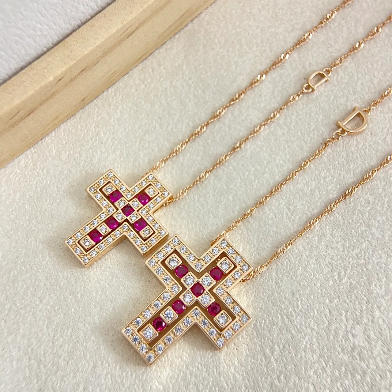 Gold Multicolor Geometric Cross Pendant Pavé-Set Stones Necklace