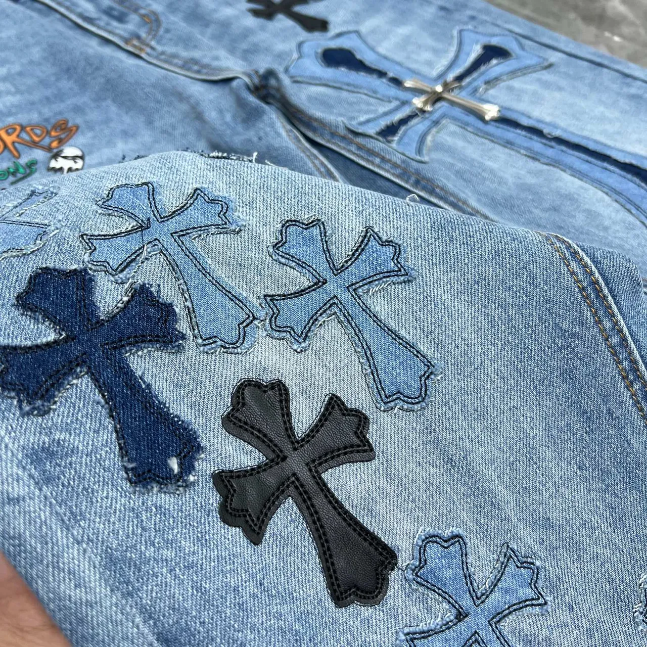 Chrome Hearts Cross Appliqué Light Wash Denim Jeans
